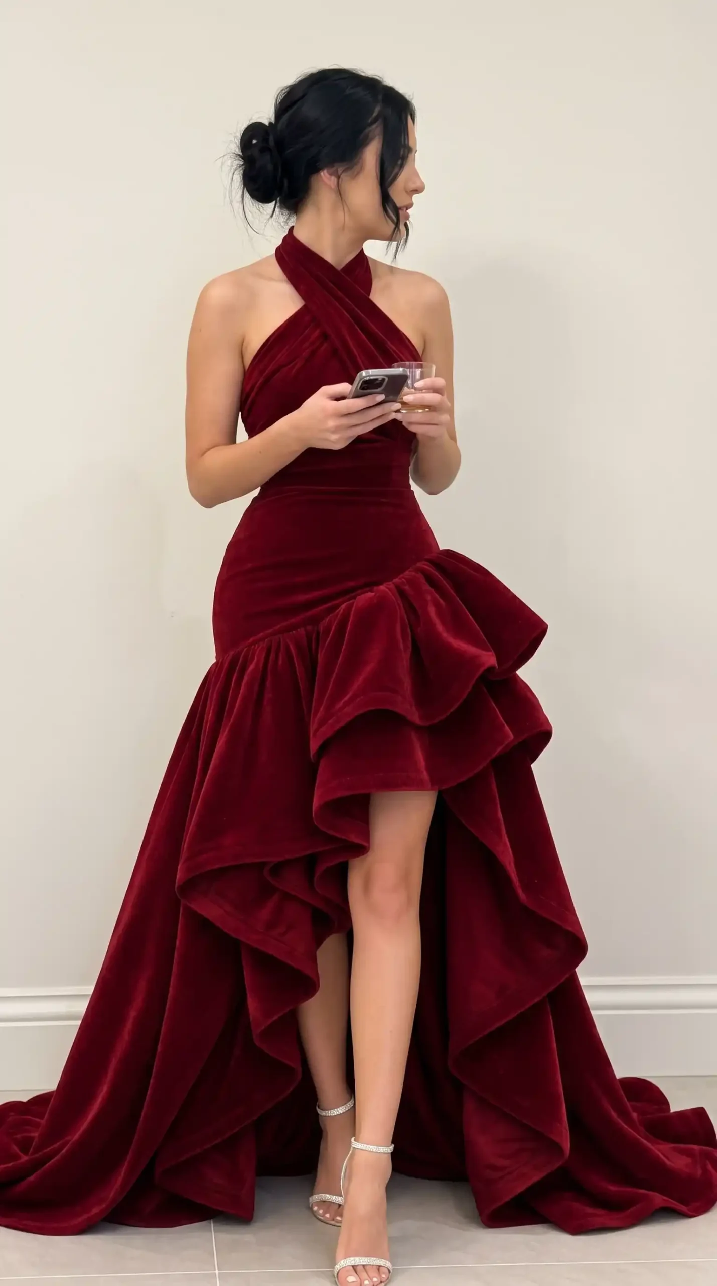 Crimson red velvet halter ruffle high low ball gown with train fall wedding