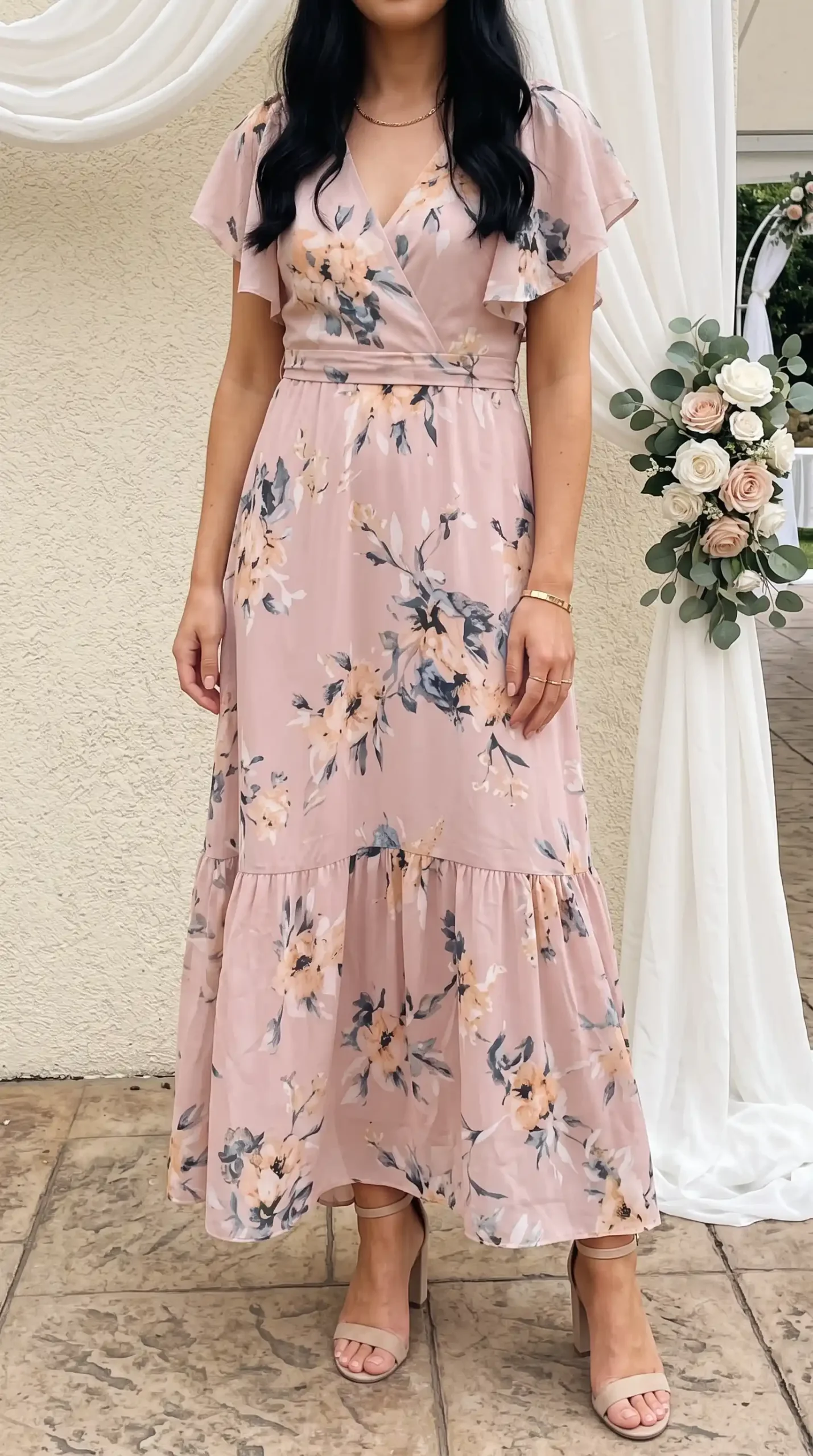 Woman wearing dusty rose floral print flutter sleeve wrap V-neck tiered maxi dress