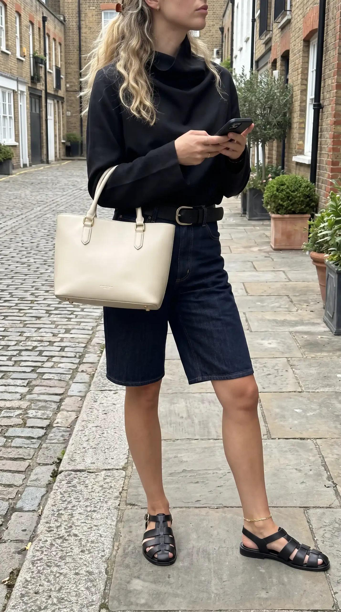 Woman wearing black cowl neck top with dark wash denim bermuda shorts black belt fisherman sandals and cream tote bag on mews street
