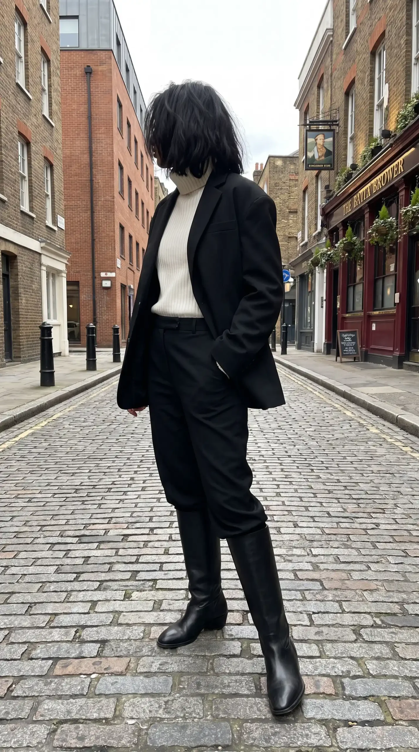Woman wearing black oversized blazer with cream ribbed turtleneck black tailored trousers and knee high boots on cobblestone street