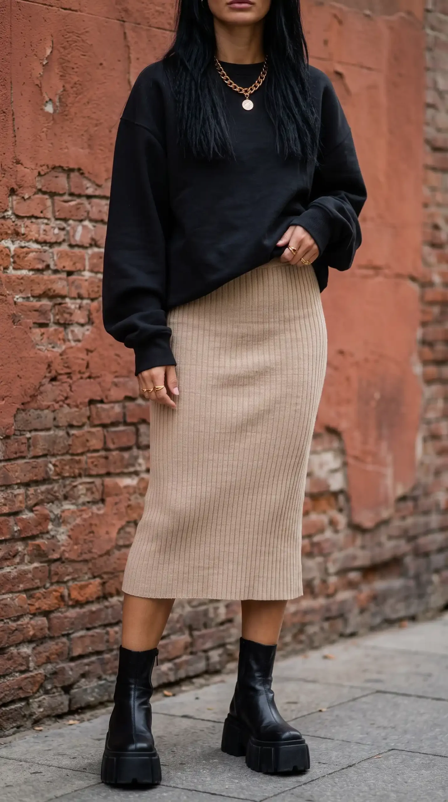 Woman in black oversized sweatshirt with beige ribbed knit midi skirt