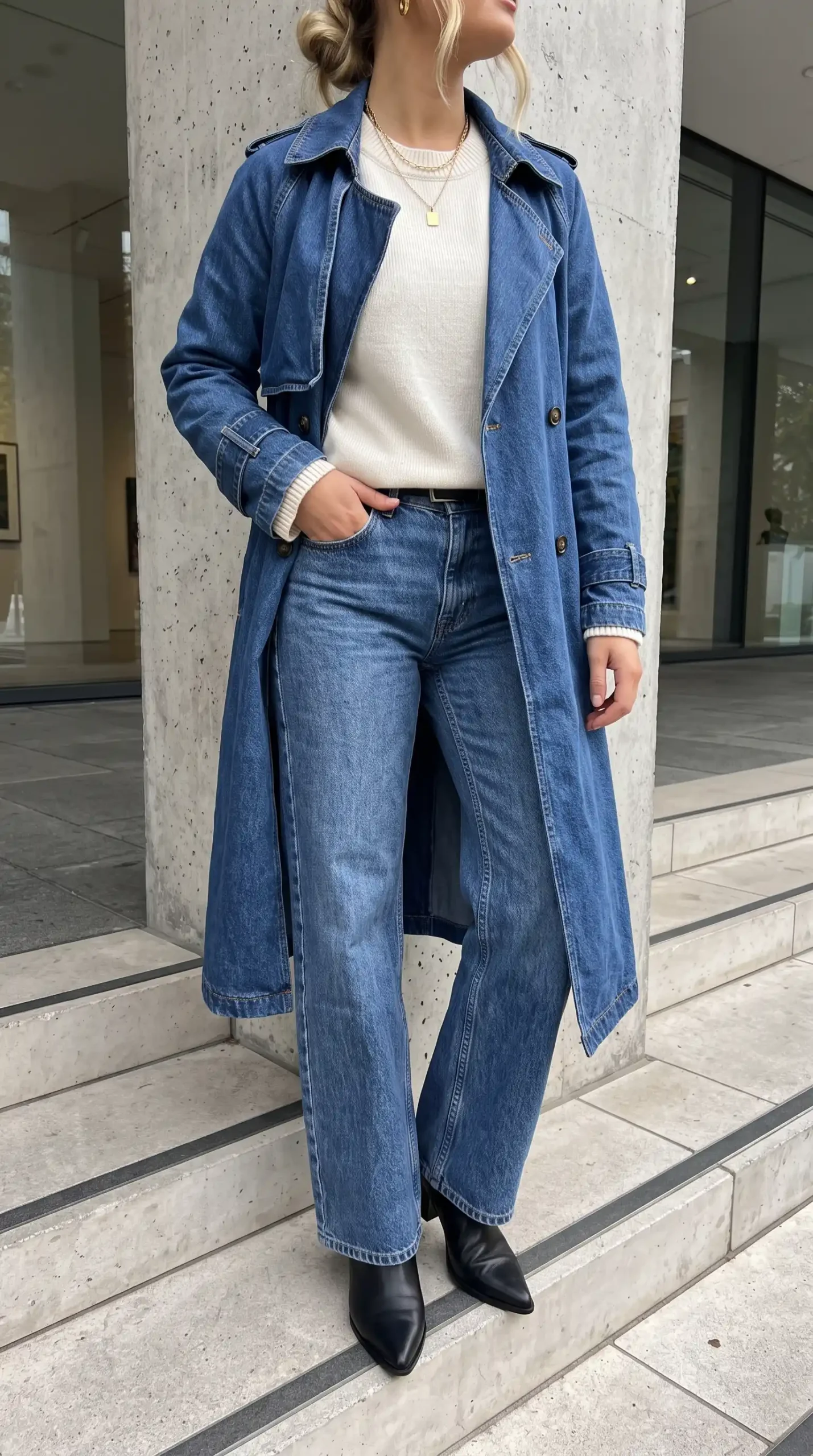 Woman wearing blue denim trench coat with cream ribbed sweater mid wash wide leg jeans and black pointed ankle boots outdoors