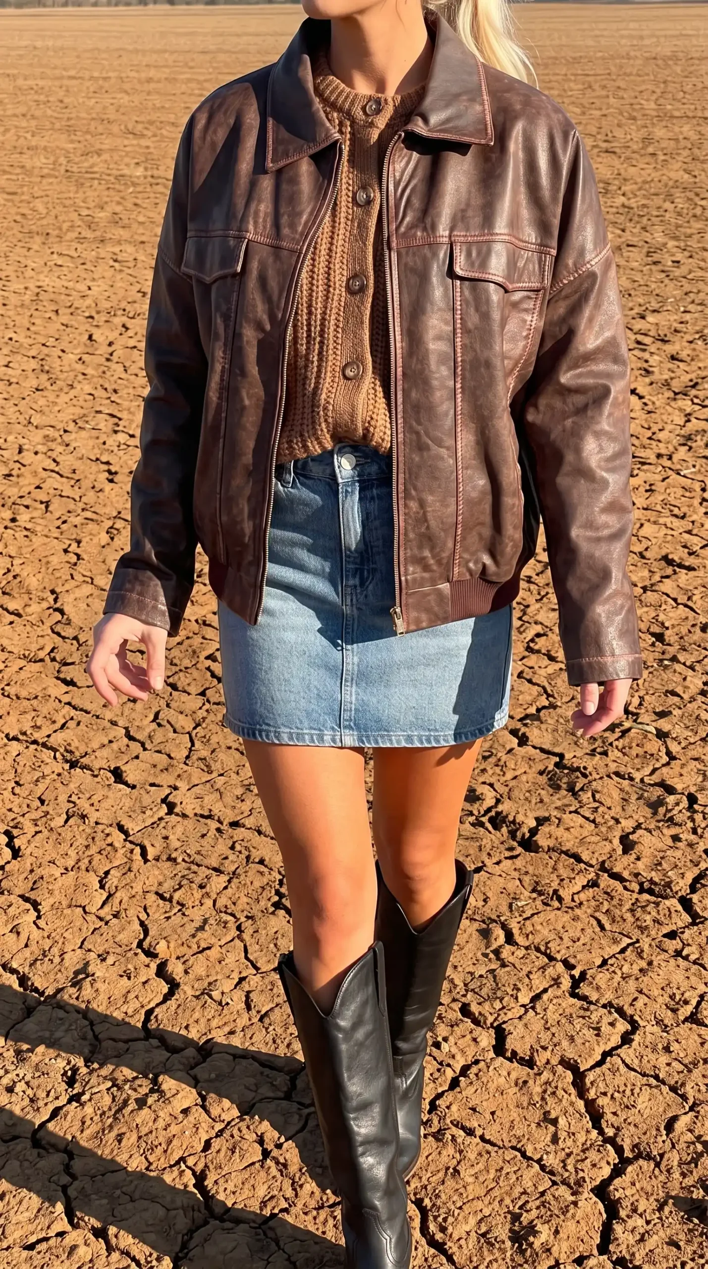 Woman in dark brown leather bomber jacket camel knit and light wash denim mini skirt