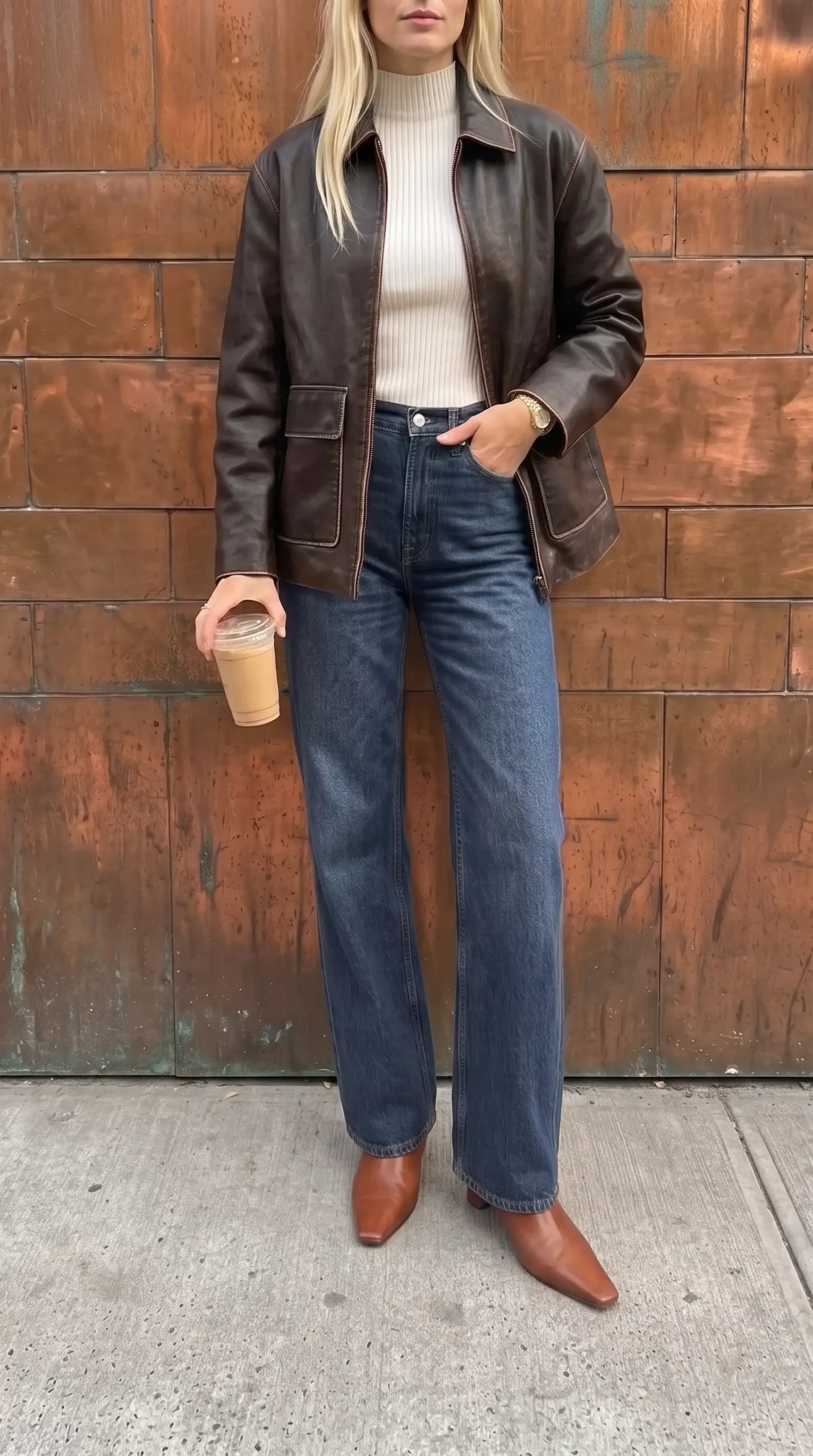 Woman in dark brown leather patch pocket jacket with cream turtleneck dark wash wide leg jeans and tan pointed ankle boots