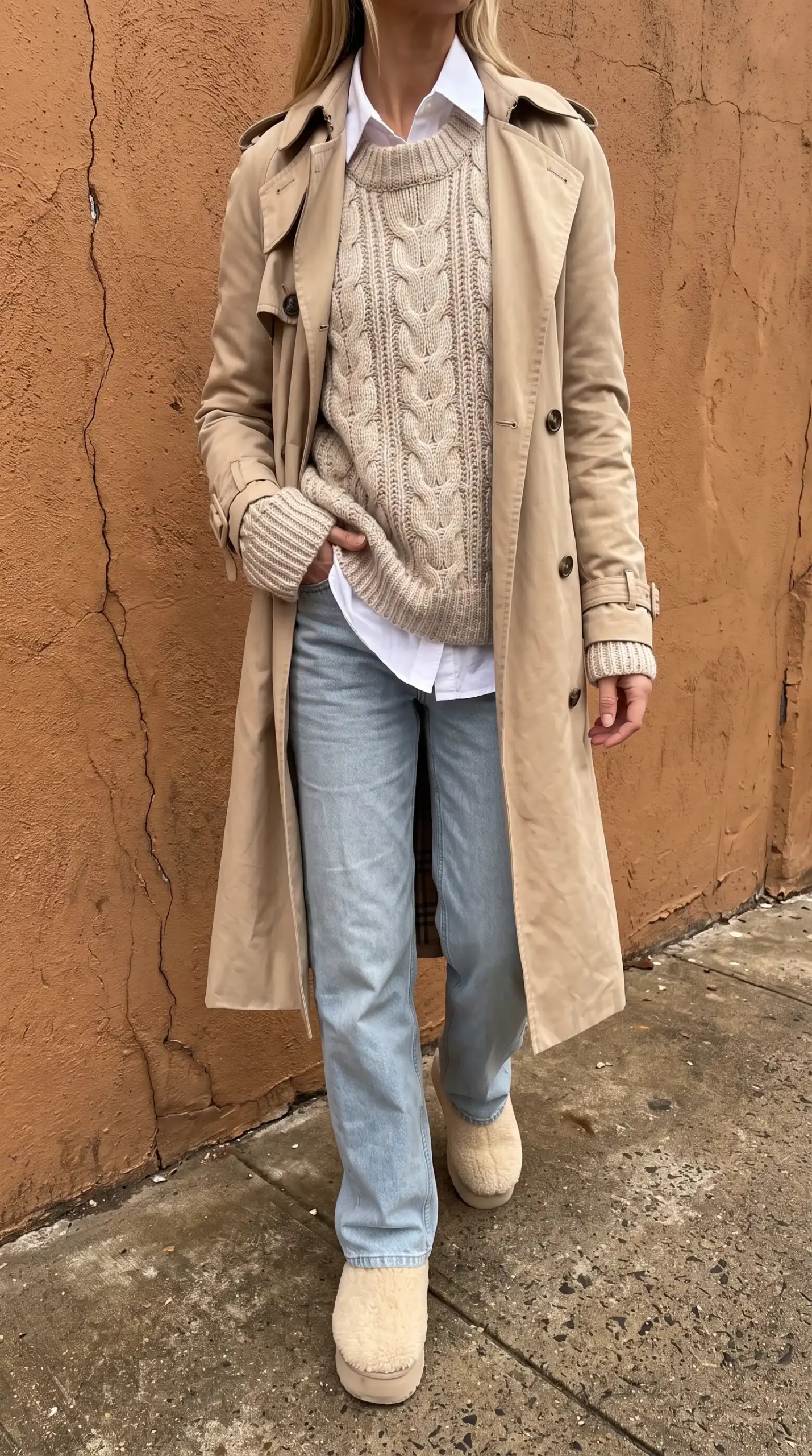 Woman in camel trench coat over oatmeal cable knit and white shirt with light wash jeans