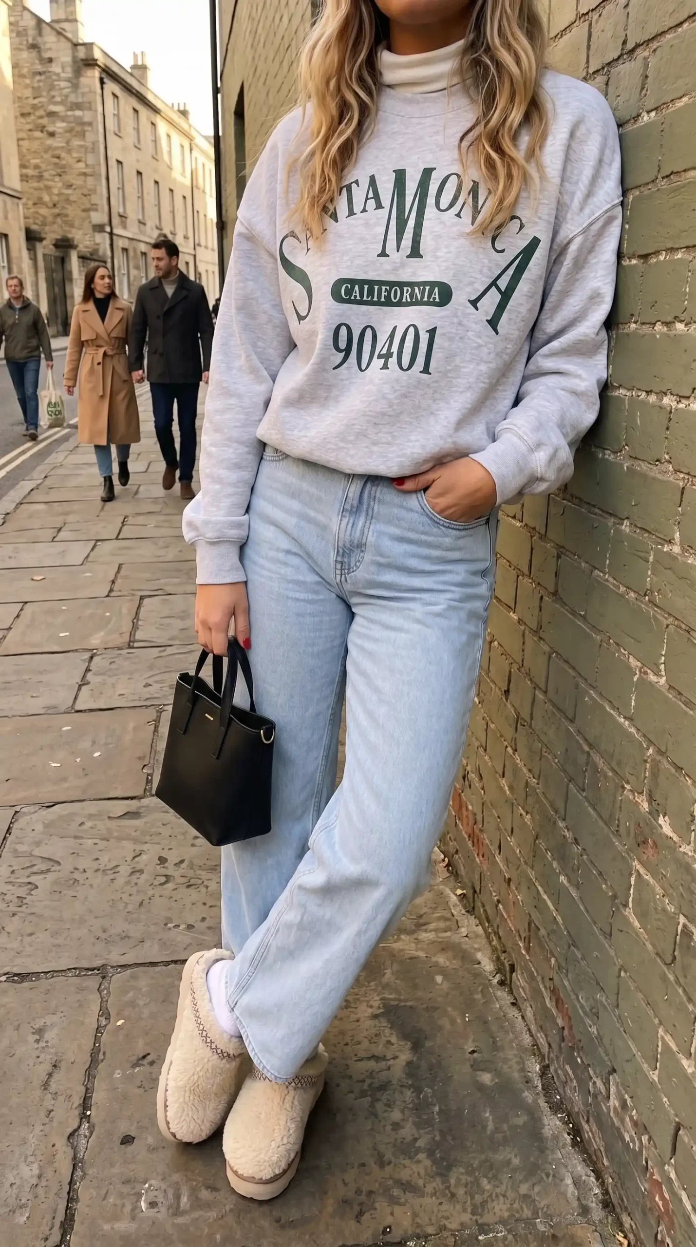 Woman in grey graphic sweatshirt over white turtleneck with light wash baggy jeans