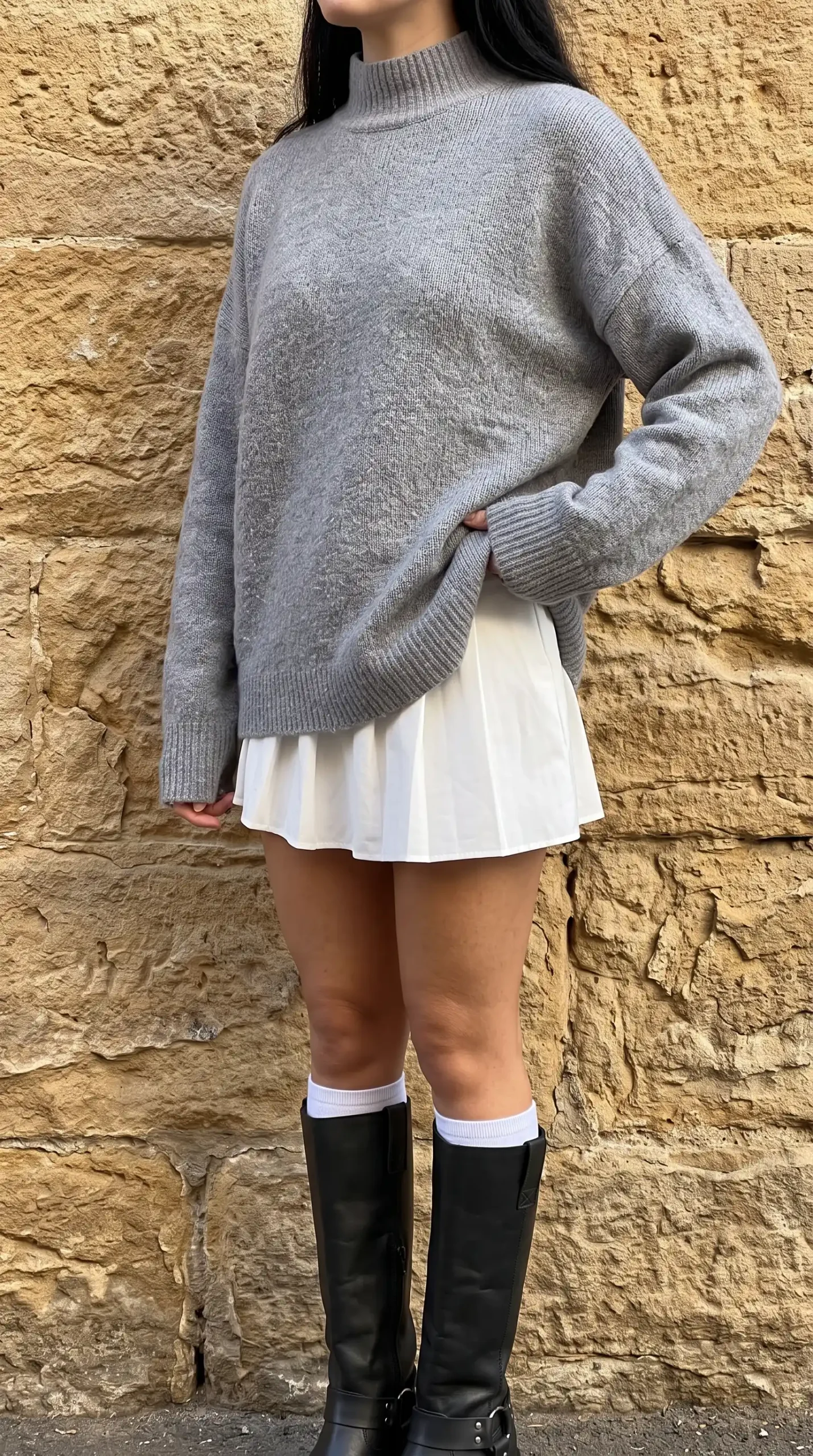 Name: Woman in grey oversized mockneck sweater with white pleated mini skirt white socks