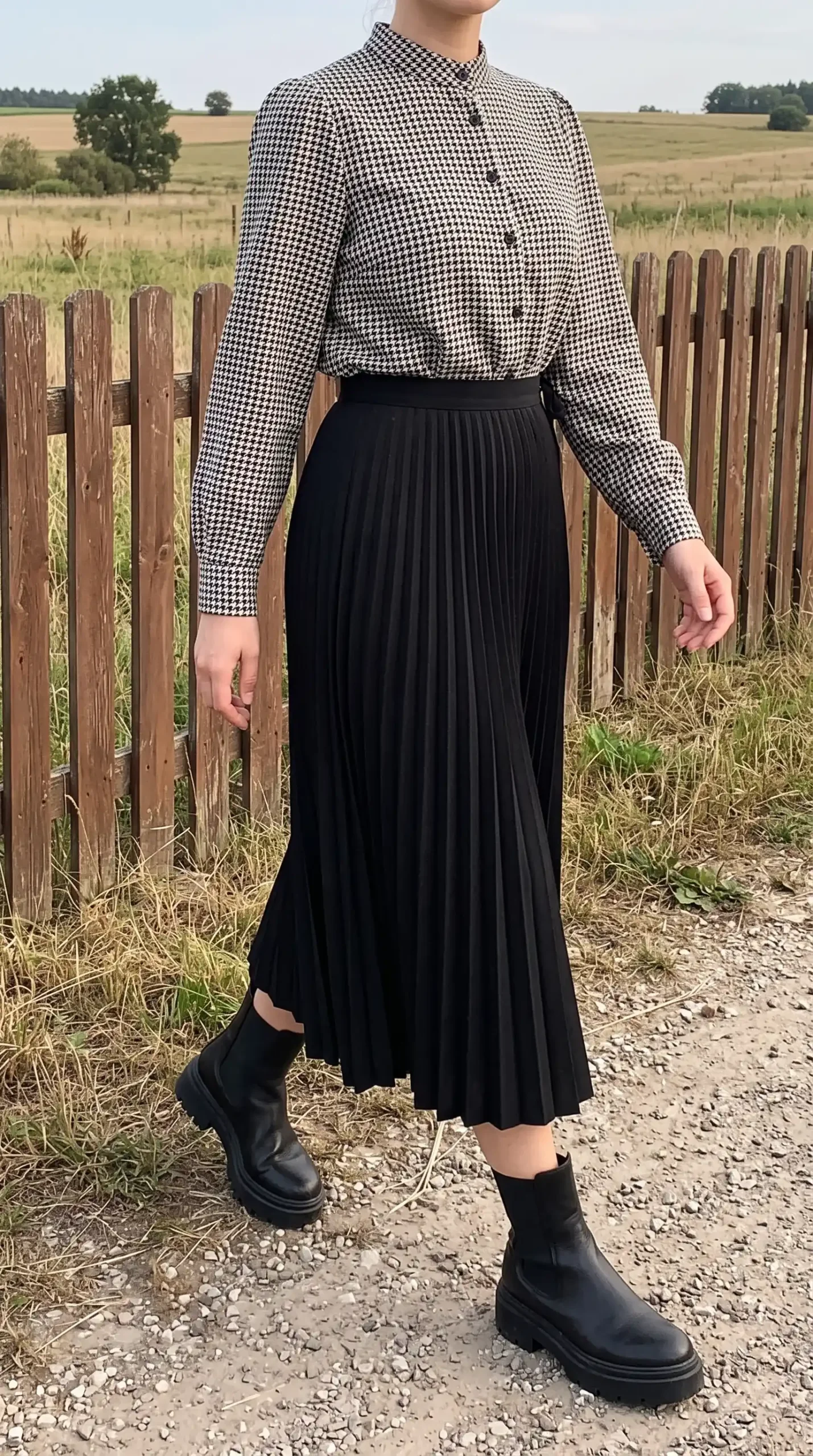 Woman in black white houndstooth button up shirt with black pleated midi skirt