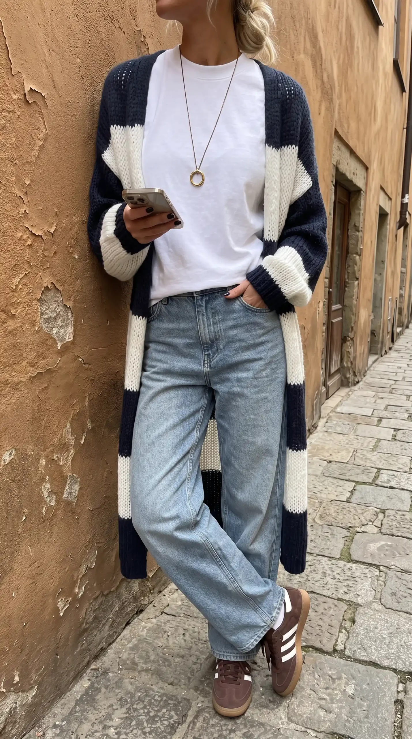 Woman in navy cream striped oversized long cardigan with white tee light wash jeans