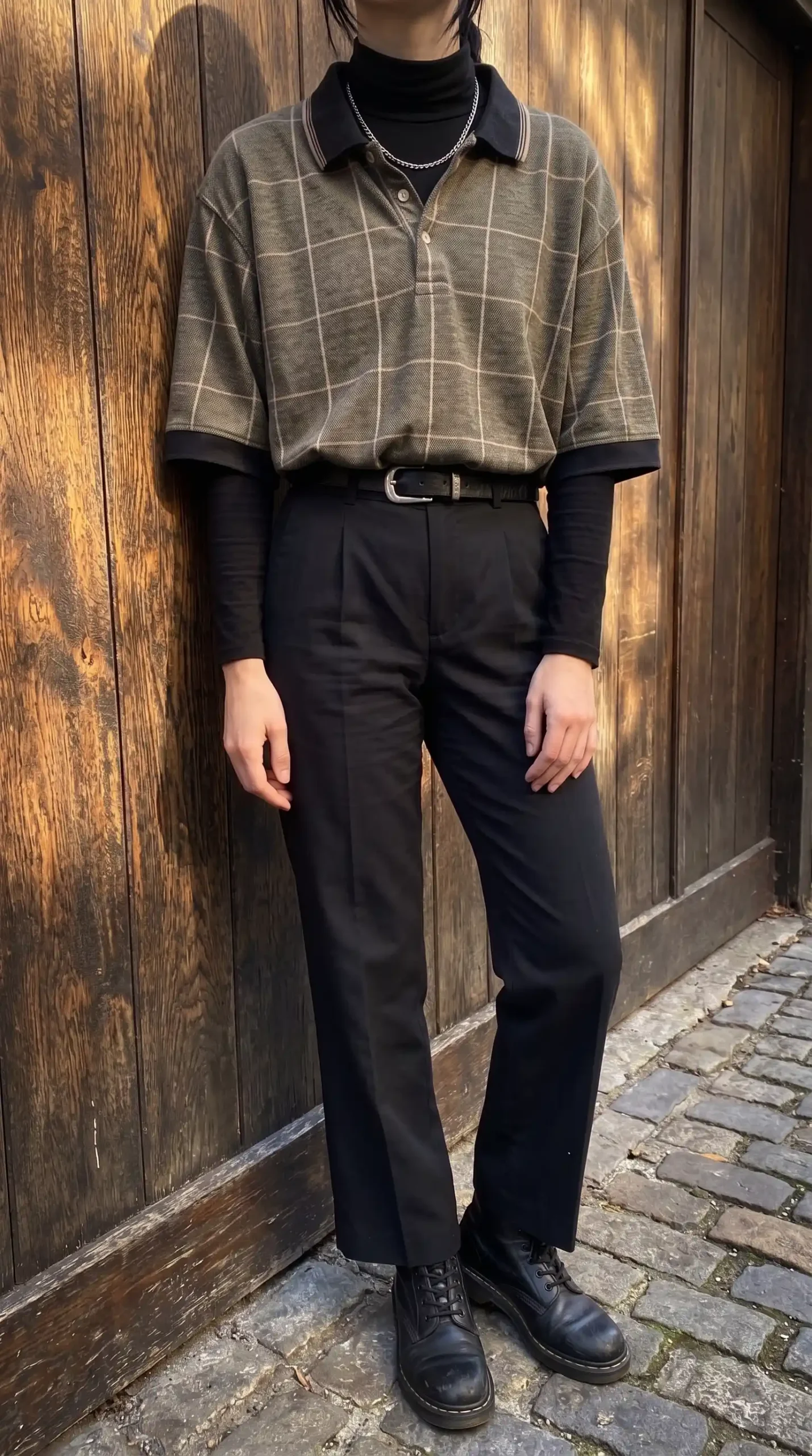 Woman in olive grid check polo layered over black turtleneck with black tailored trousers and lace up ankle boots on cobblestone street