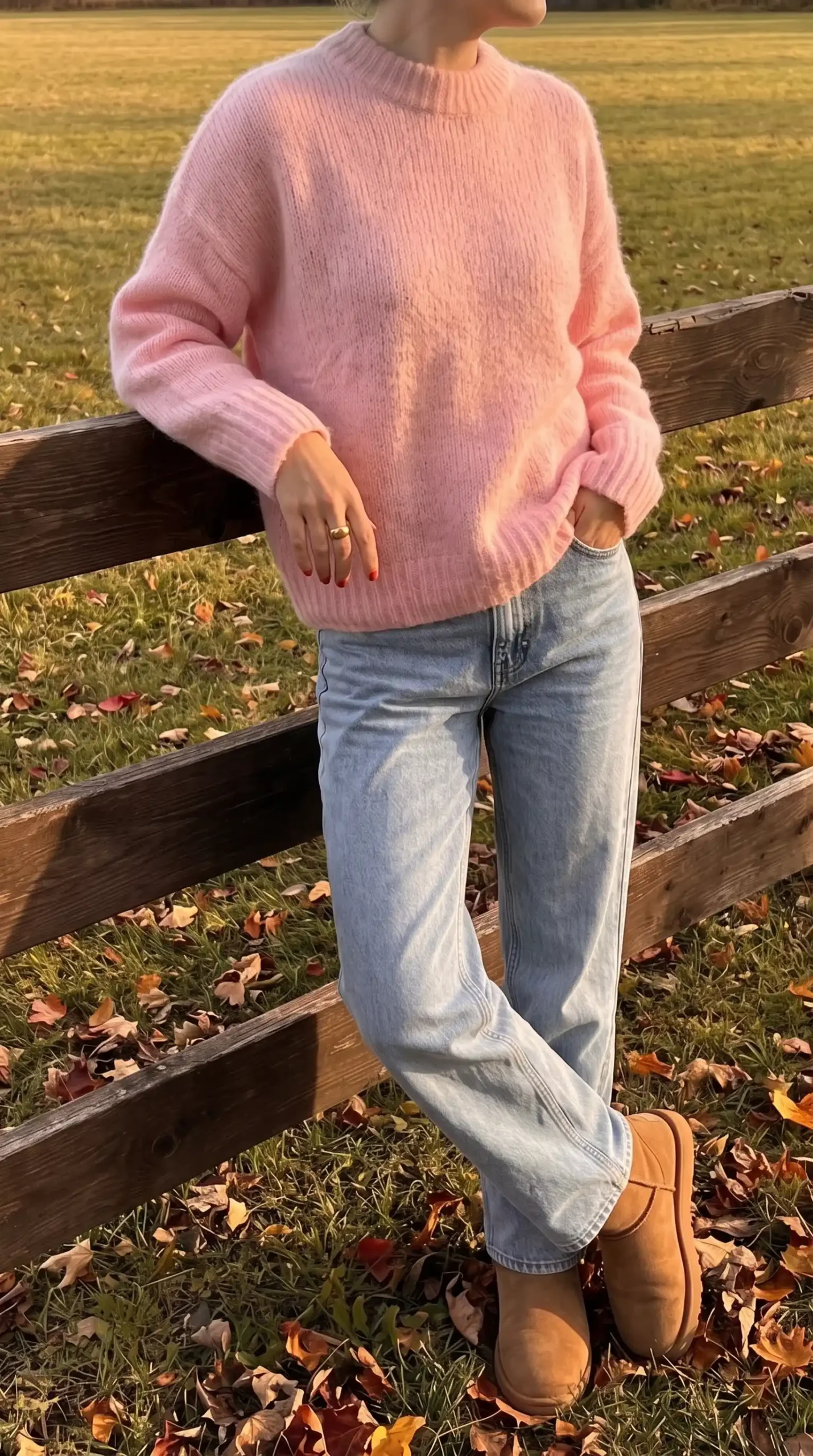 Woman in baby pink fluffy mohair sweater with light wash straight leg jeans