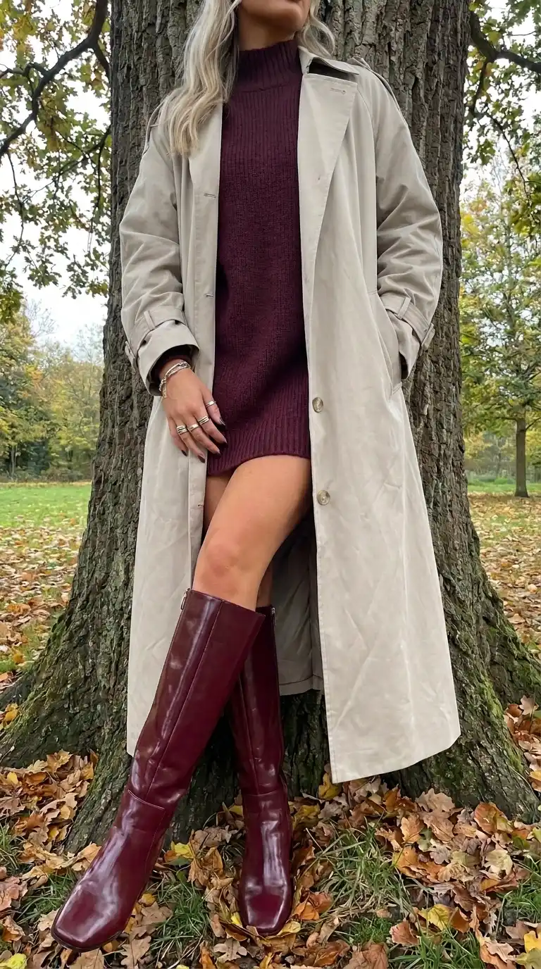 Woman wearing stone beige oversized trench coat with burgundy ribbed knit mini dress and burgundy knee high boots in autumn park