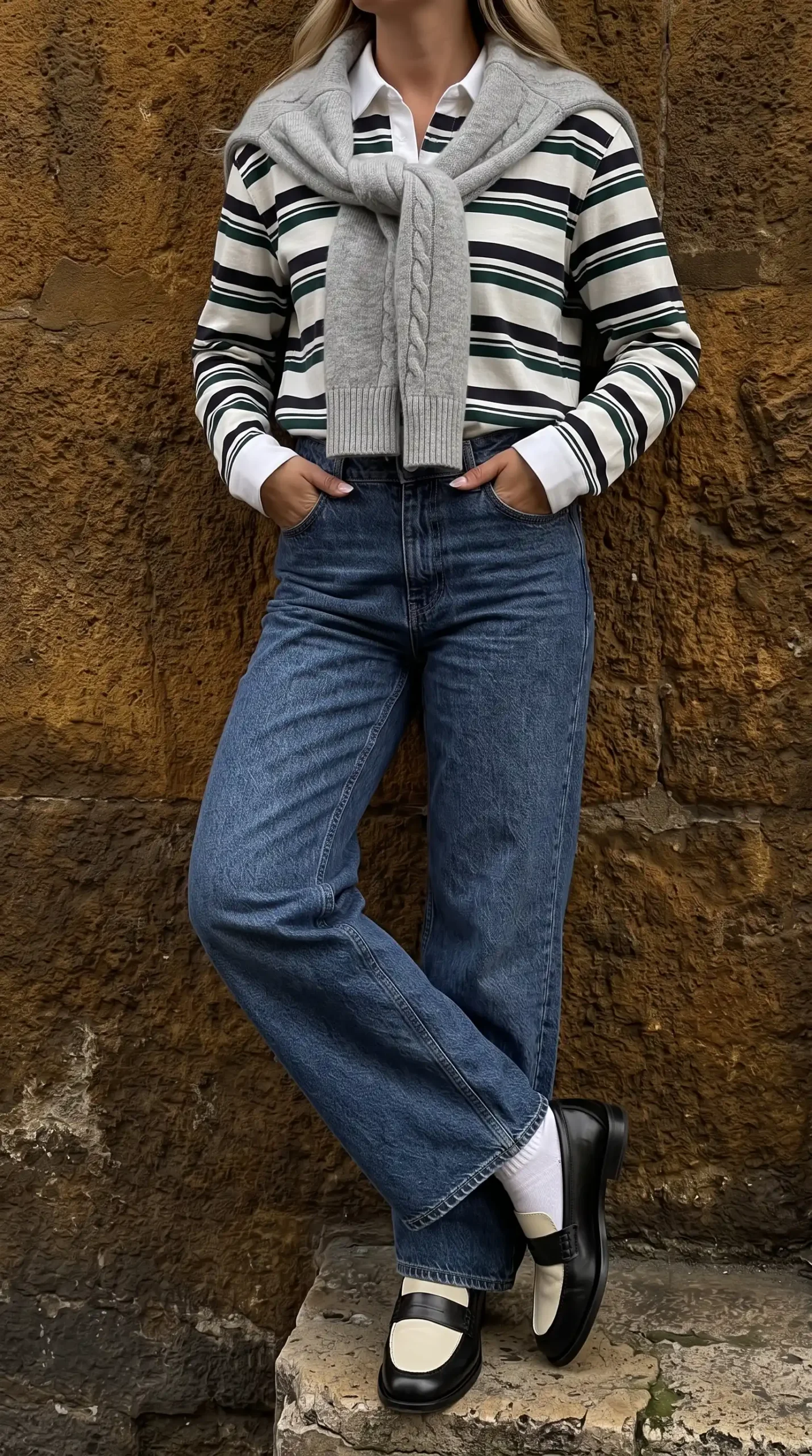 Woman in navy green stripe rugby top with grey cable knit tied at neck white shirt mid wash wide leg jeans