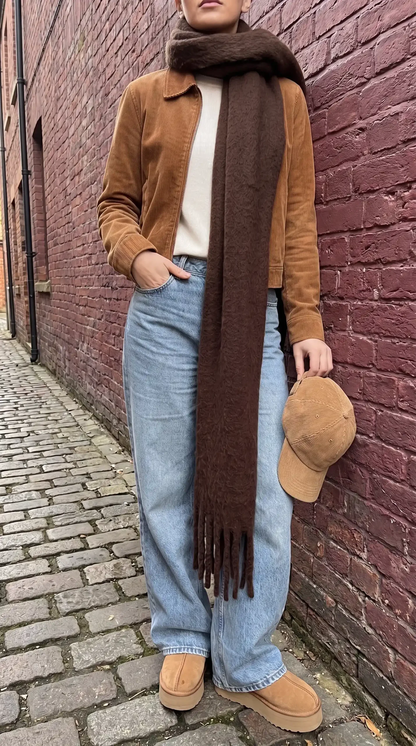 Woman in tan corduroy jacket with wide leg jeans dark brown scarf and tan UGG platform boots on cobblestone alley