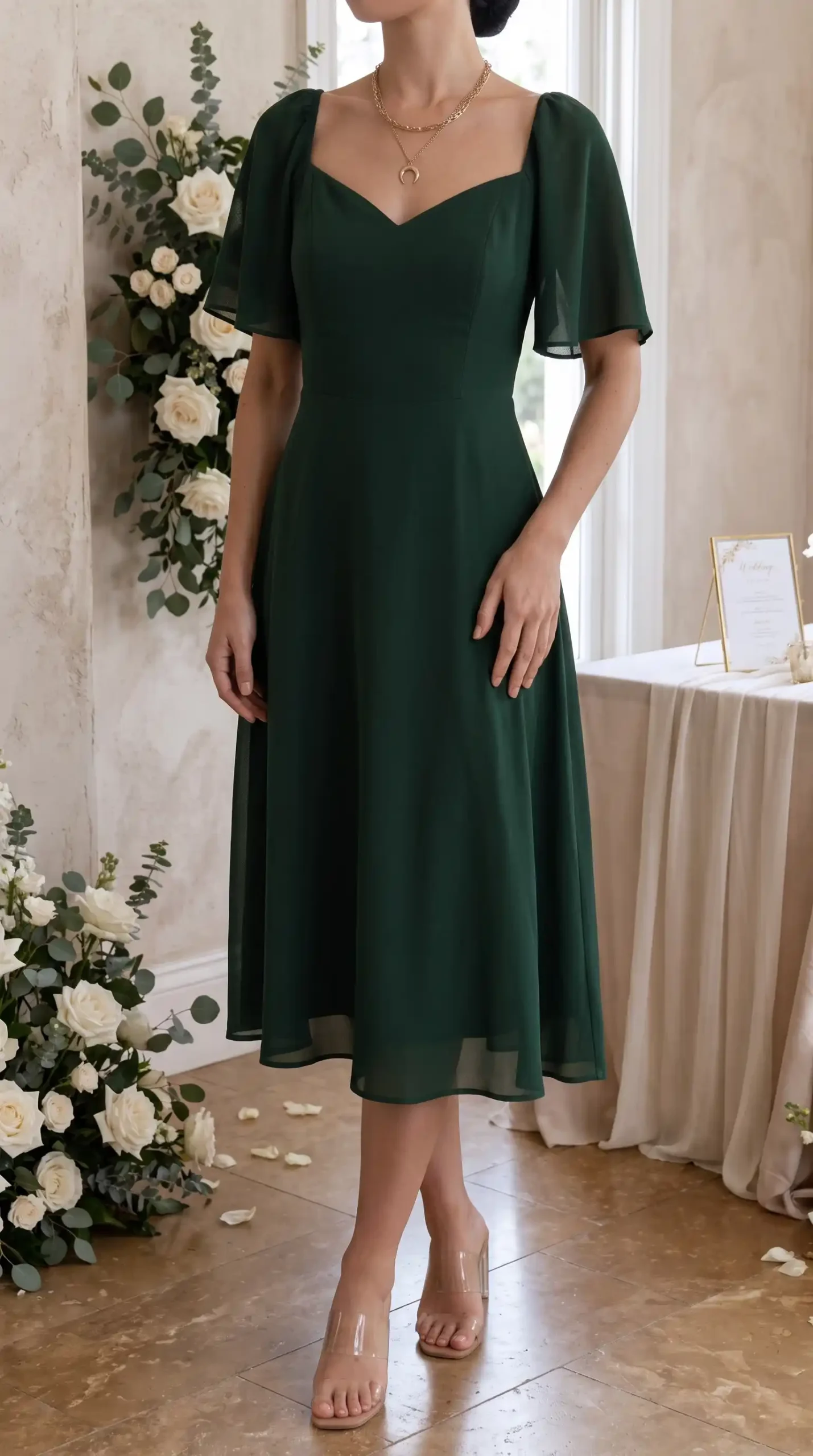Woman wearing forest green chiffon sweetheart flutter sleeve A-line midi dress