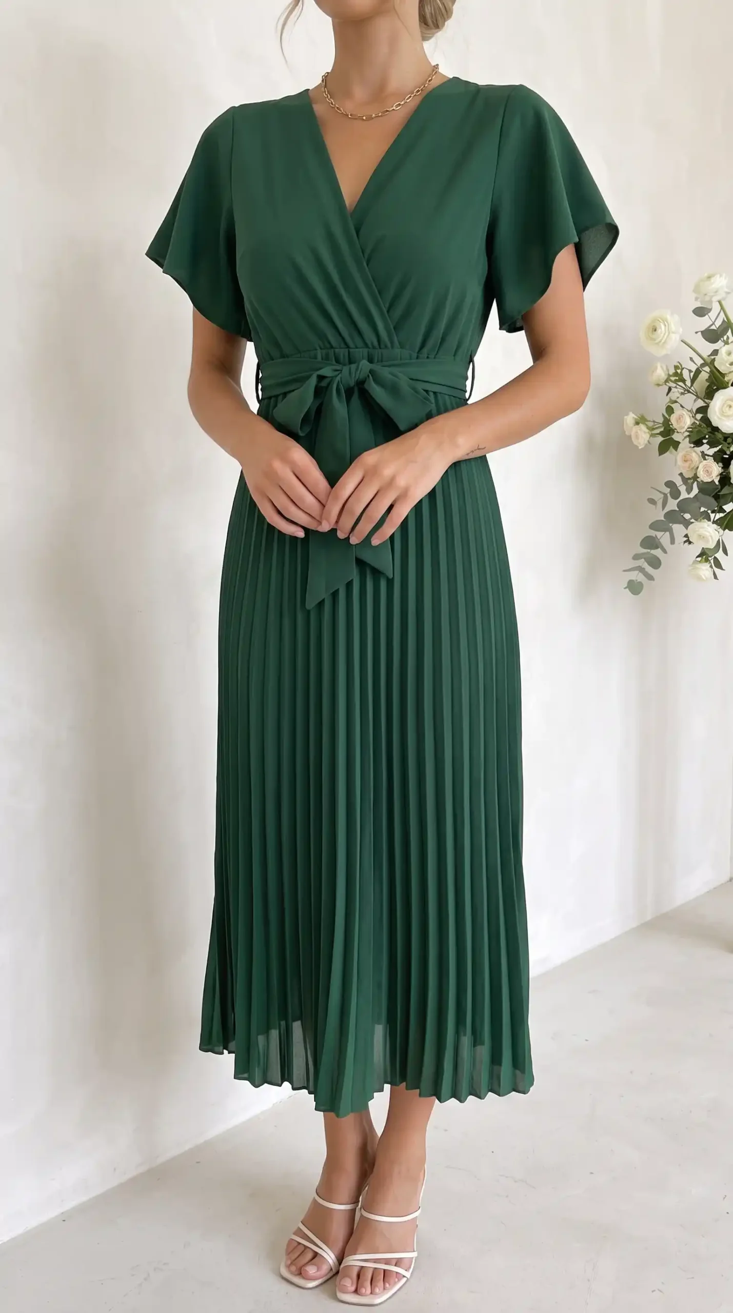 Woman wearing forest green chiffon V-neck flutter sleeve self-tie bow waist pleated midi dress