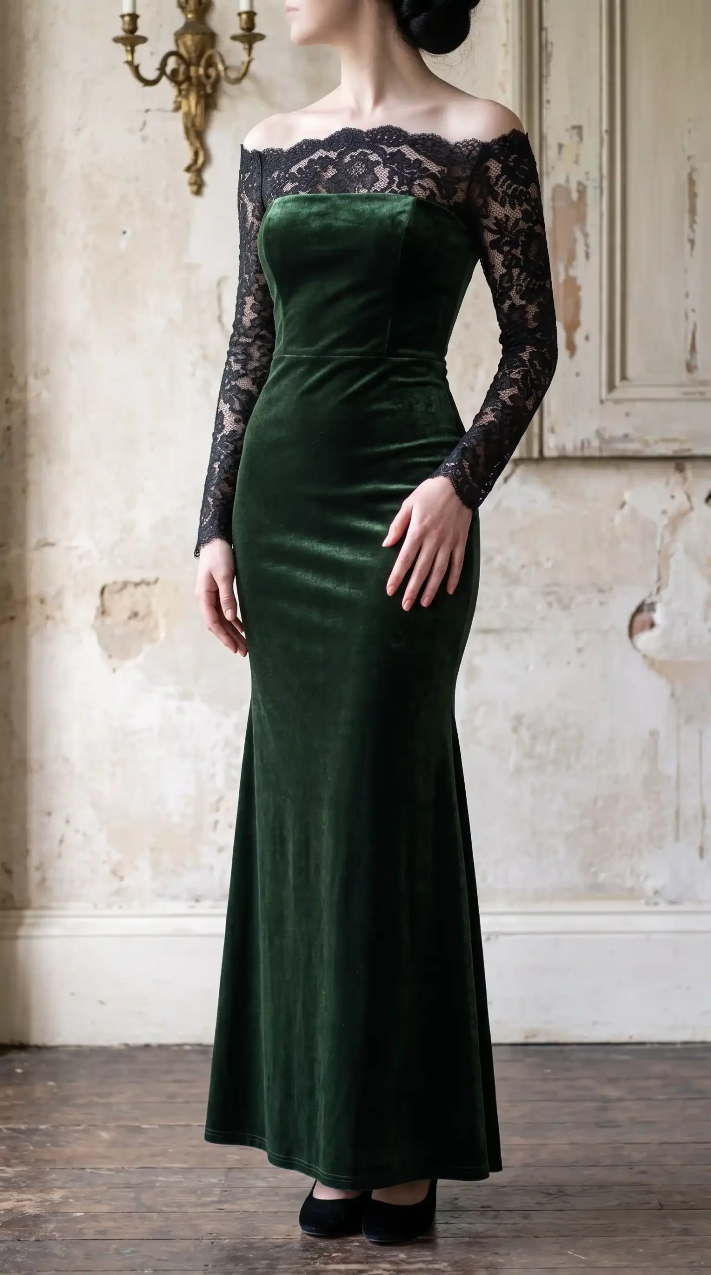 Forest green velvet off shoulder black lace sleeve fitted maxi gown fall wedding