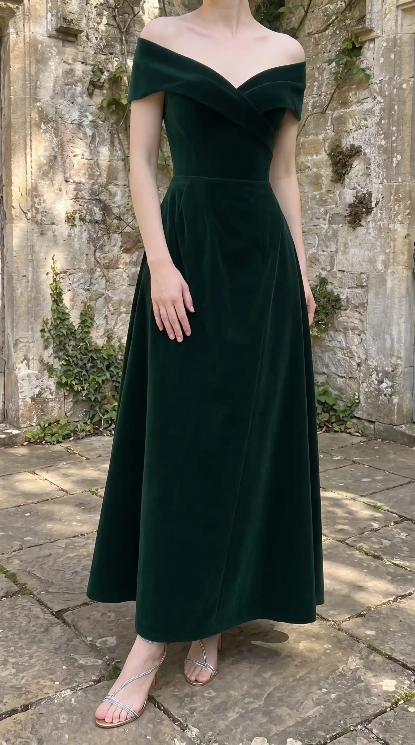 Forest green velvet off shoulder crossover a line tea length dress fall wedding outdoors
