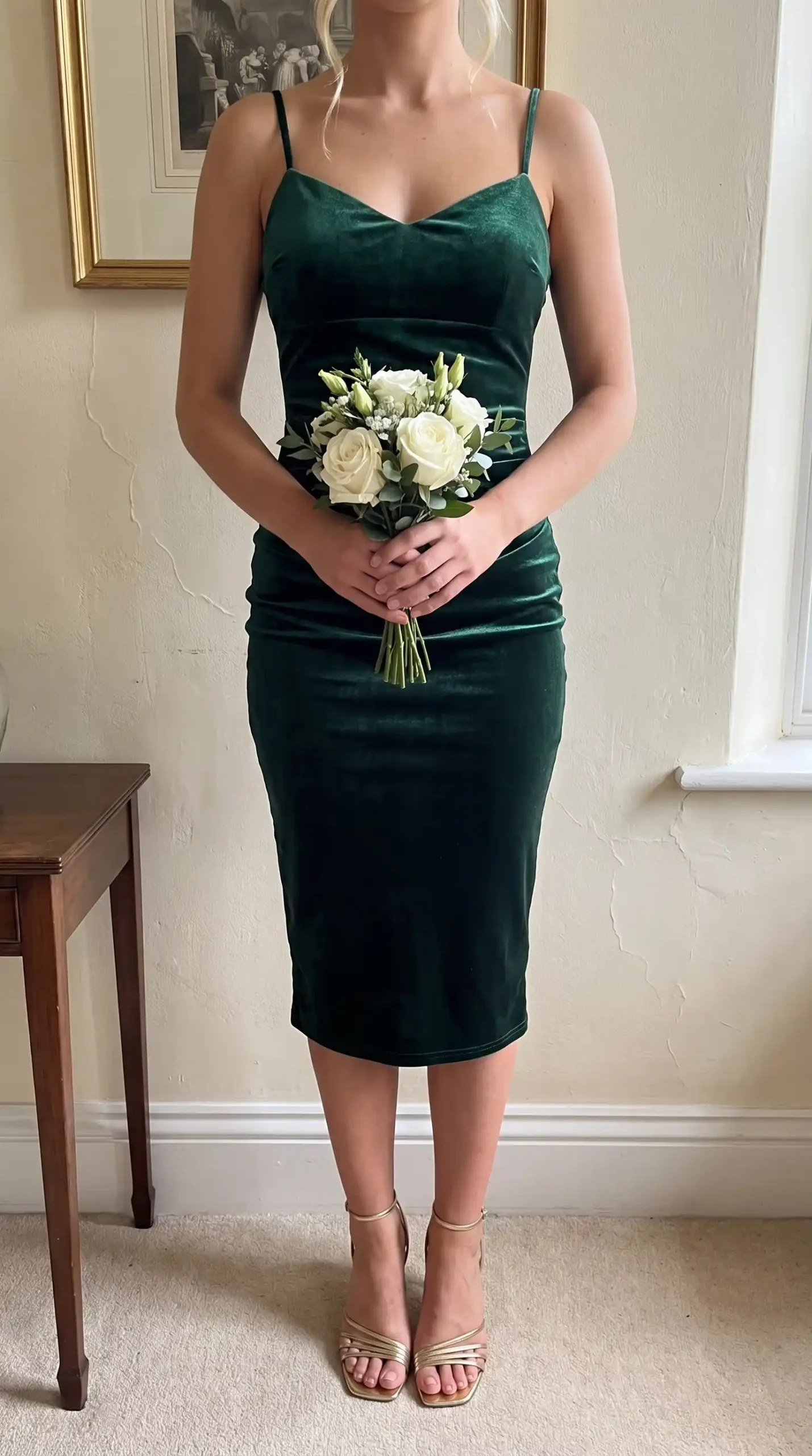 Forest green velvet spaghetti strap sweetheart midi dress fall wedding