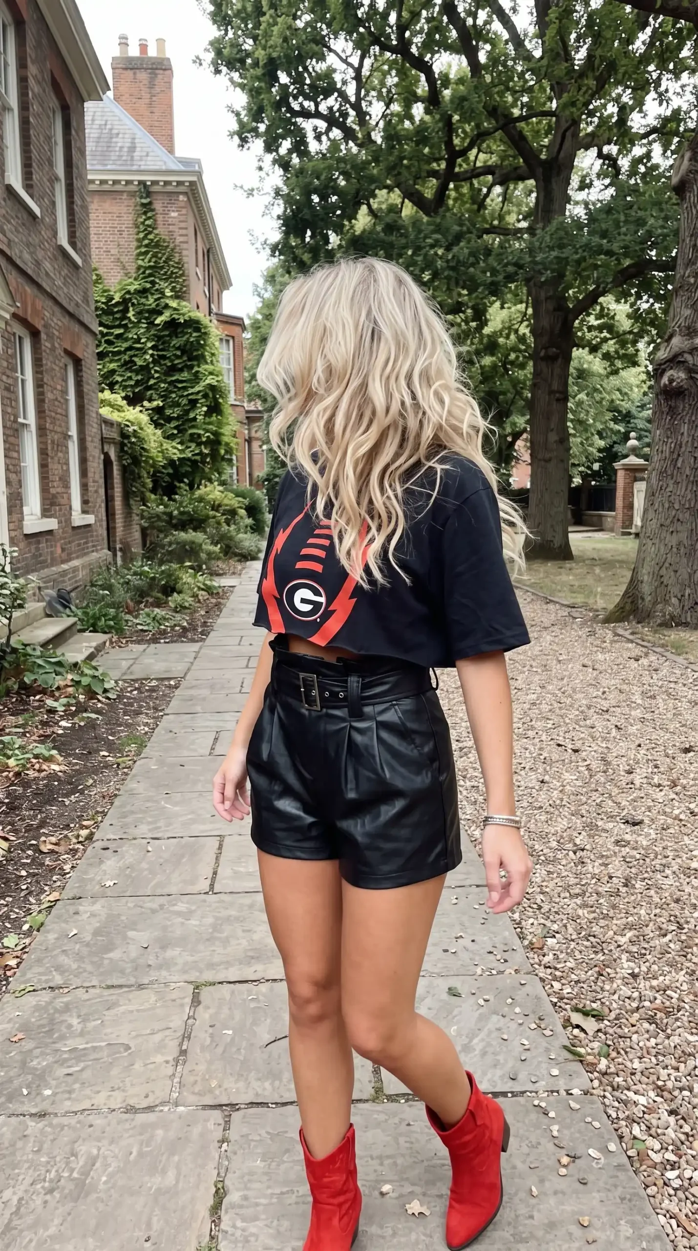 Woman wearing black Georgia Bulldogs graphic crop tee with black belted faux leather shorts and red cowboy boots outdoors