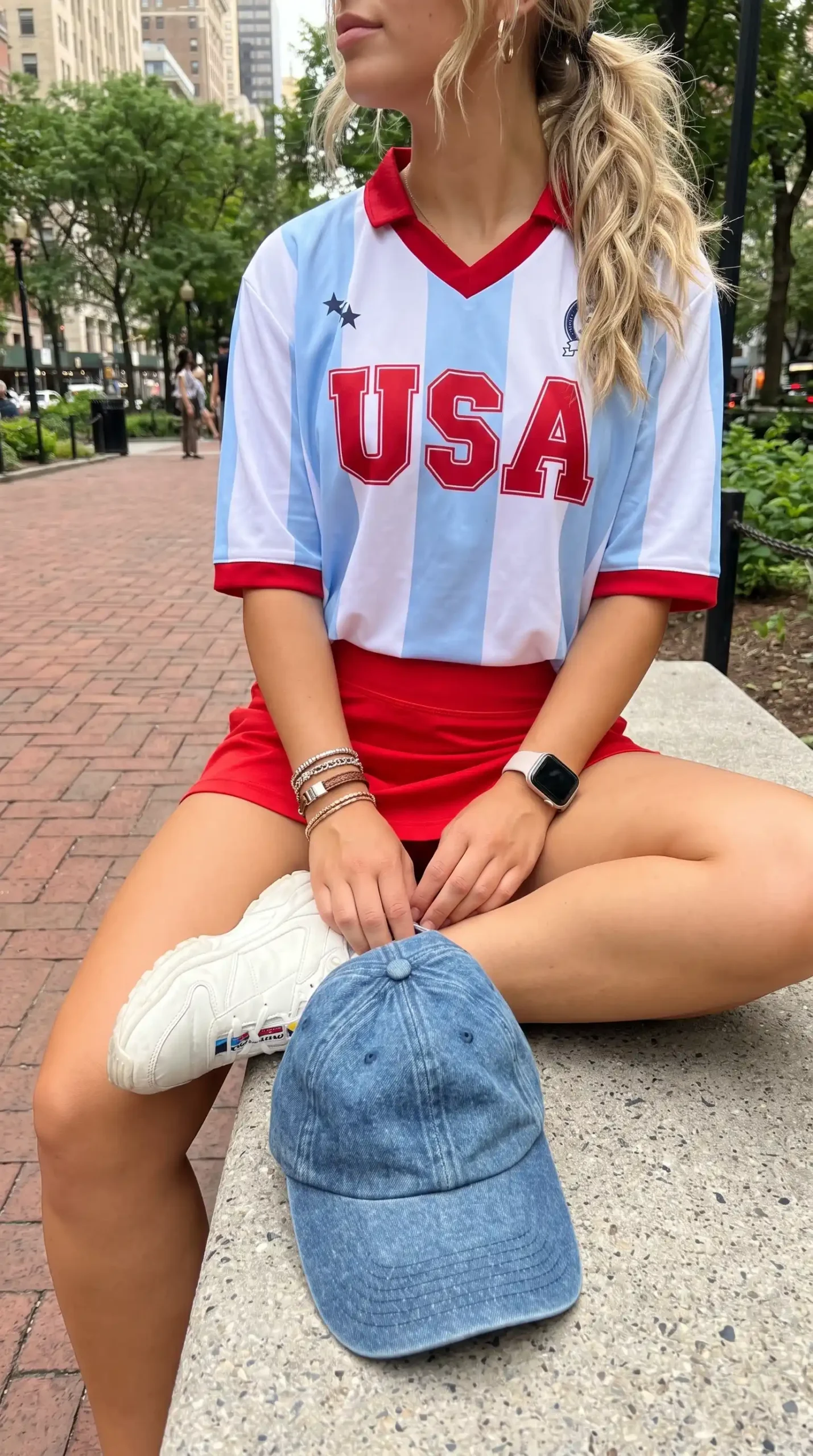 Woman wearing blue and white striped USA soccer jersey with red mini skirt white sneakers and denim cap sitting outdoors