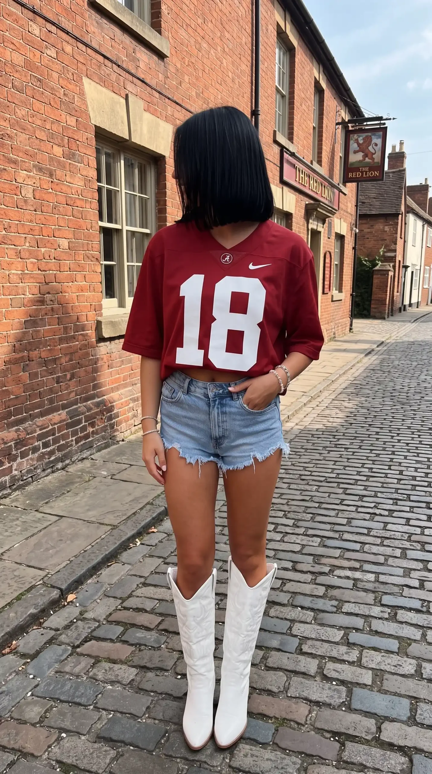 Woman wearing crimson Alabama number 18 football jersey with light wash cutoff denim shorts and white tall cowboy boots on cobblestone street