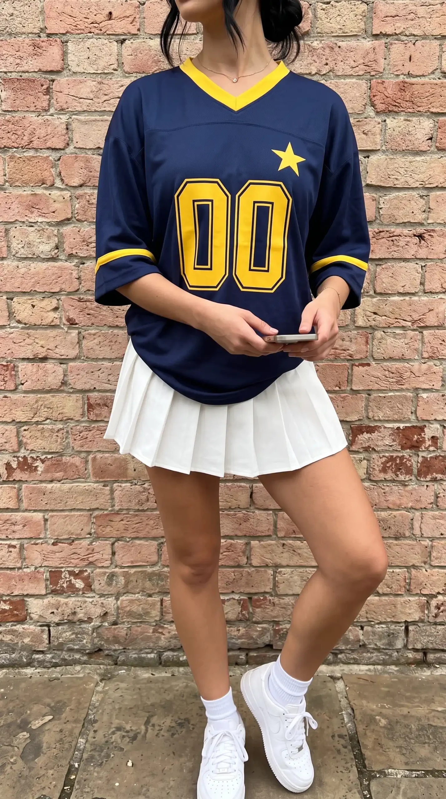 Woman wearing navy and yellow oversized number 00 football jersey with white pleated mini skirt and white sneakers against brick wall