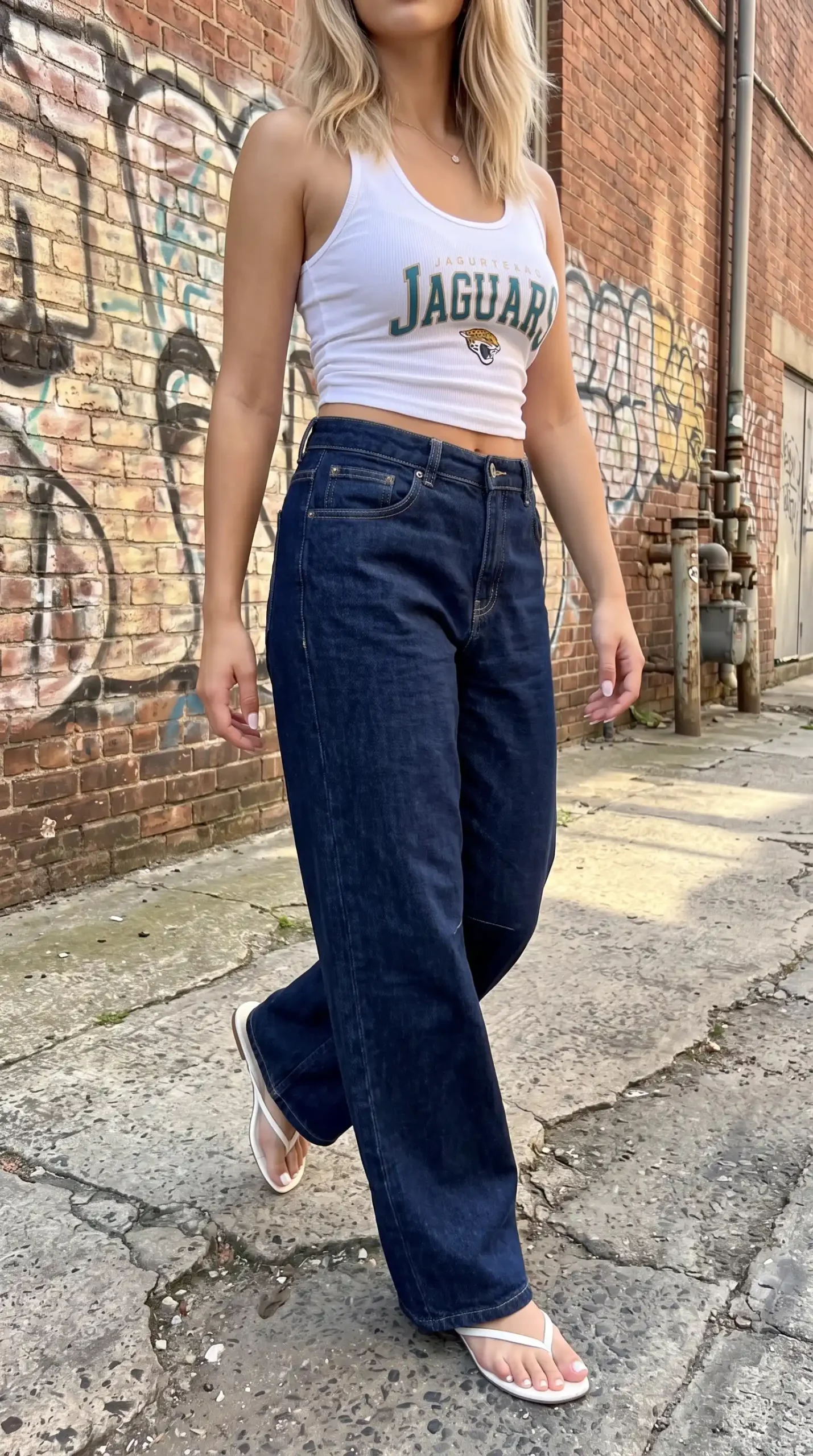 Woman wearing white Jaguars graphic crop tank with dark wash wide leg jeans and white flip flops against graffiti wall