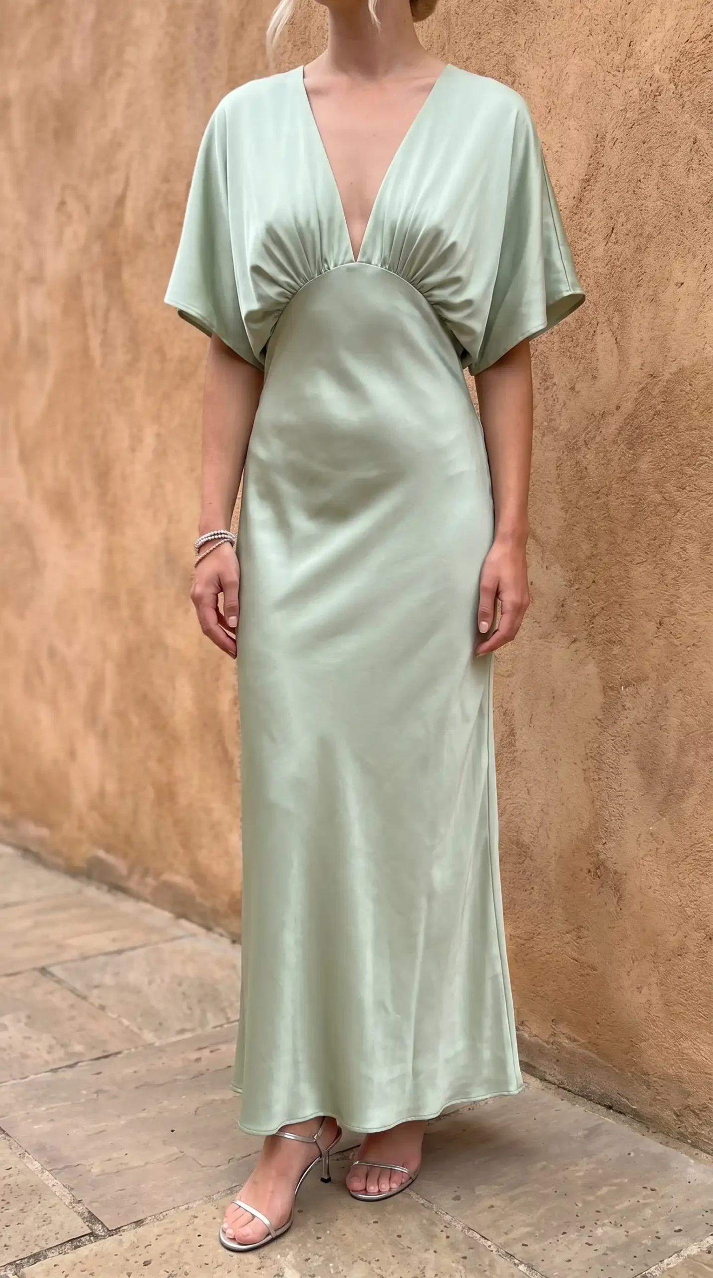 Woman wearing sage green deep V-neck batwing sleeve satin maxi dress