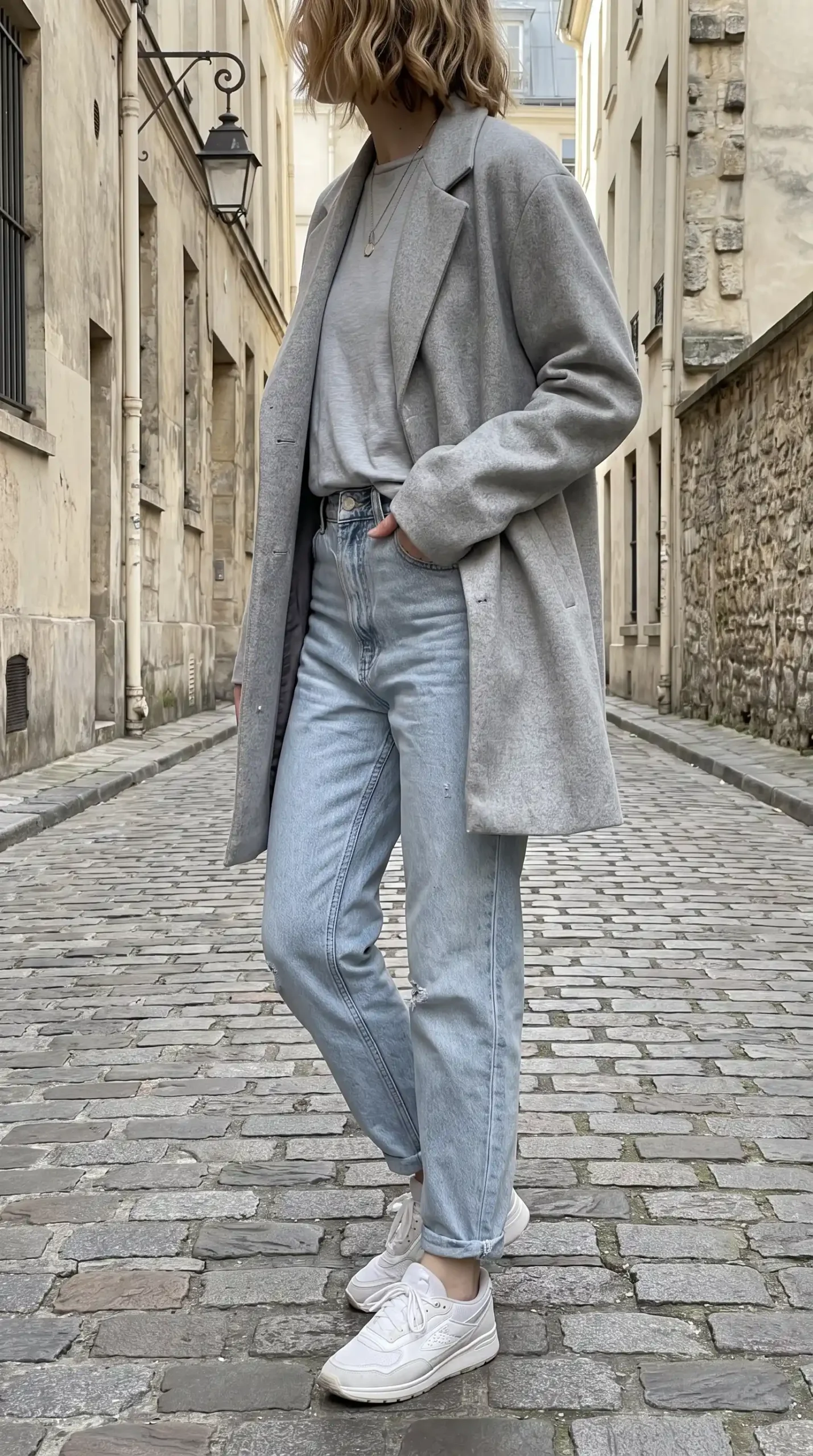 Woman wearing grey wool coat with grey tee and light wash jeans on Paris cobblestone street