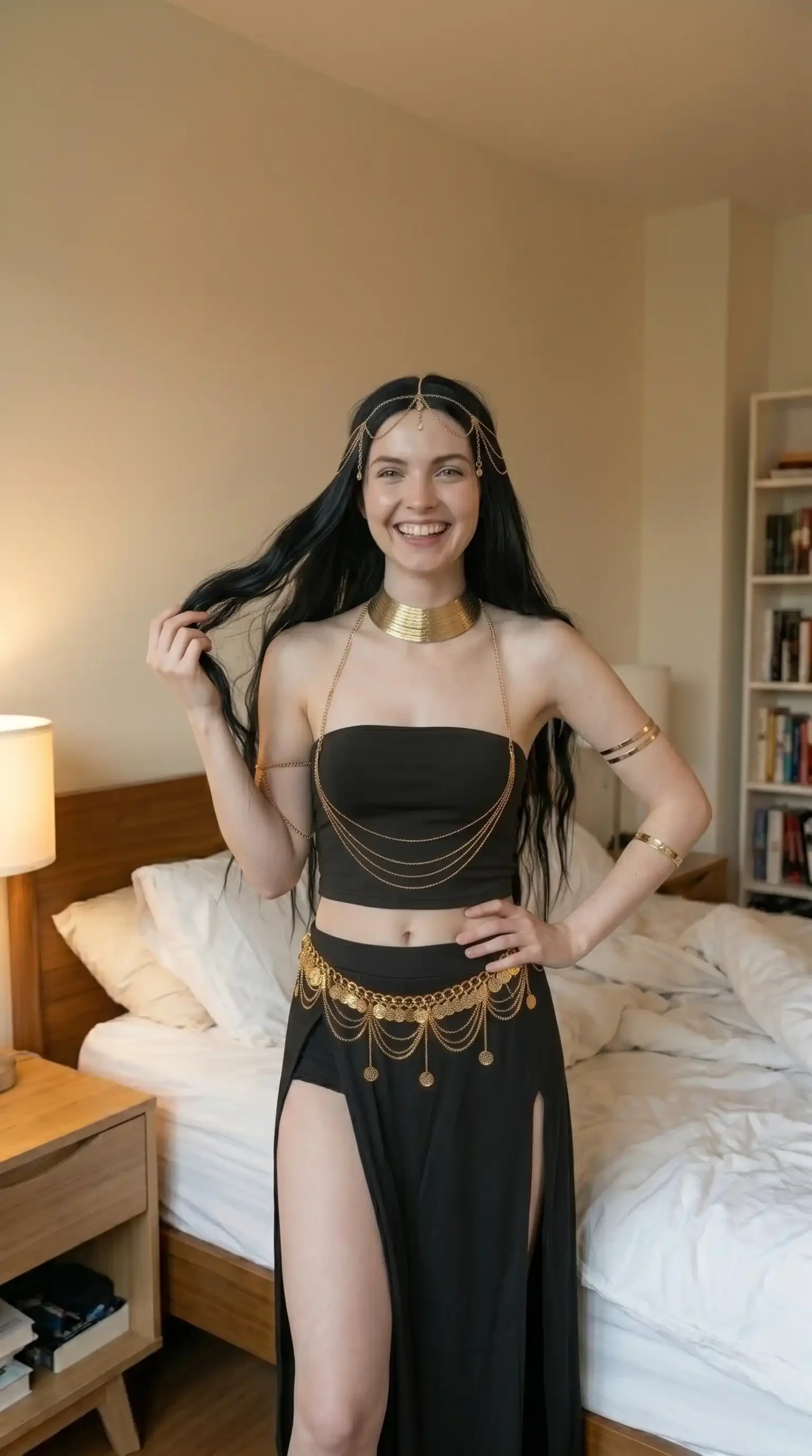 Woman dressed as Cleopatra in black strapless crop top gold chain body jewelry black slit maxi skirt and gold headpiece