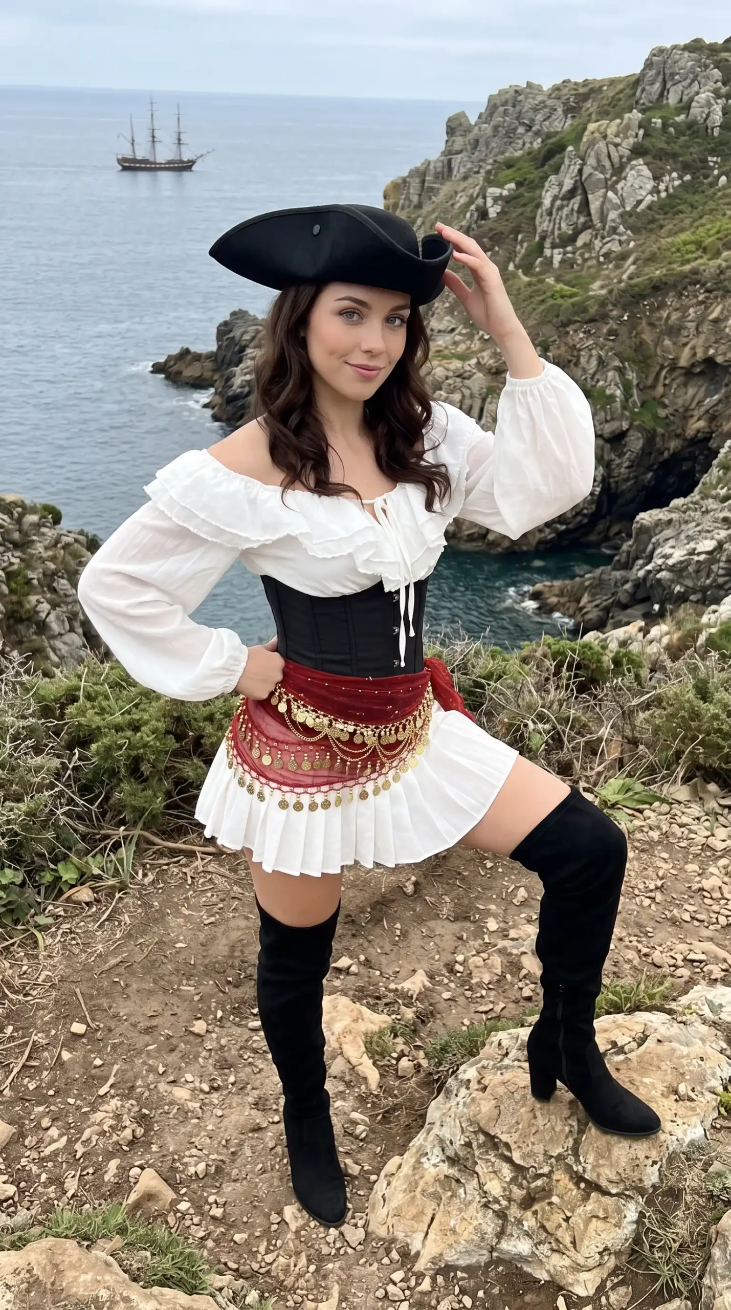 Woman dressed as a female pirate in white ruffle off-shoulder blouse black corset gold coin sash and thigh high boots