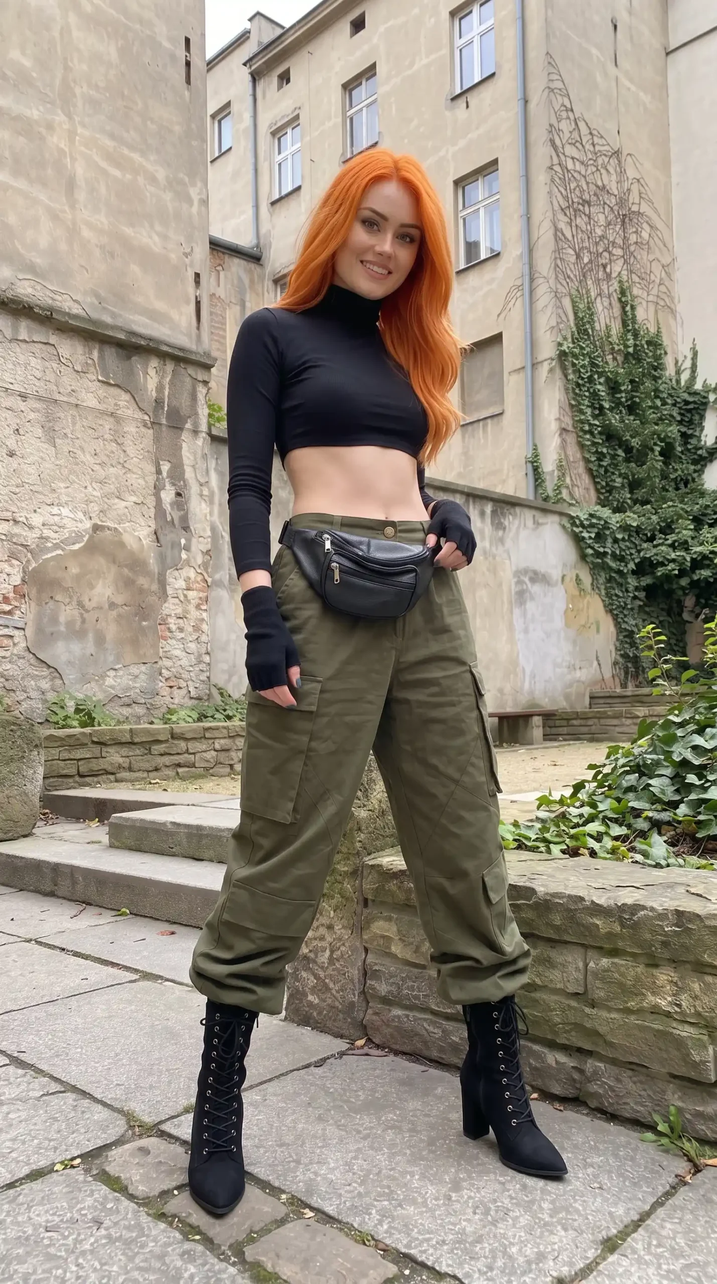 Woman dressed as Kim Possible in black turtleneck crop top olive green cargo pants fingerless gloves and orange hair
