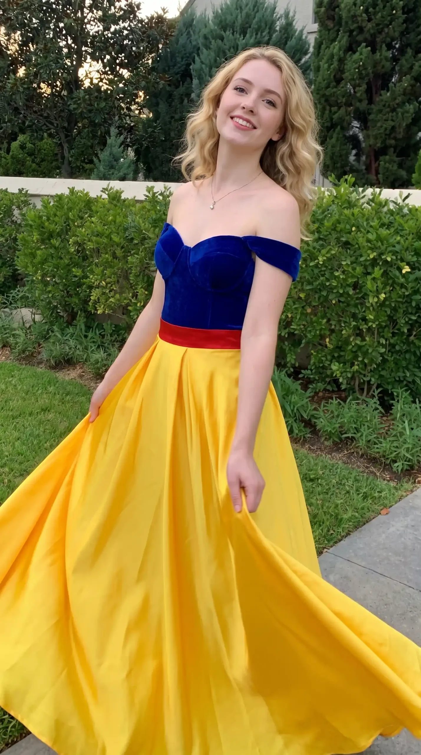 Woman dressed as Snow White in blue off-shoulder velvet corset bodice red waistband and golden yellow satin maxi skirt
