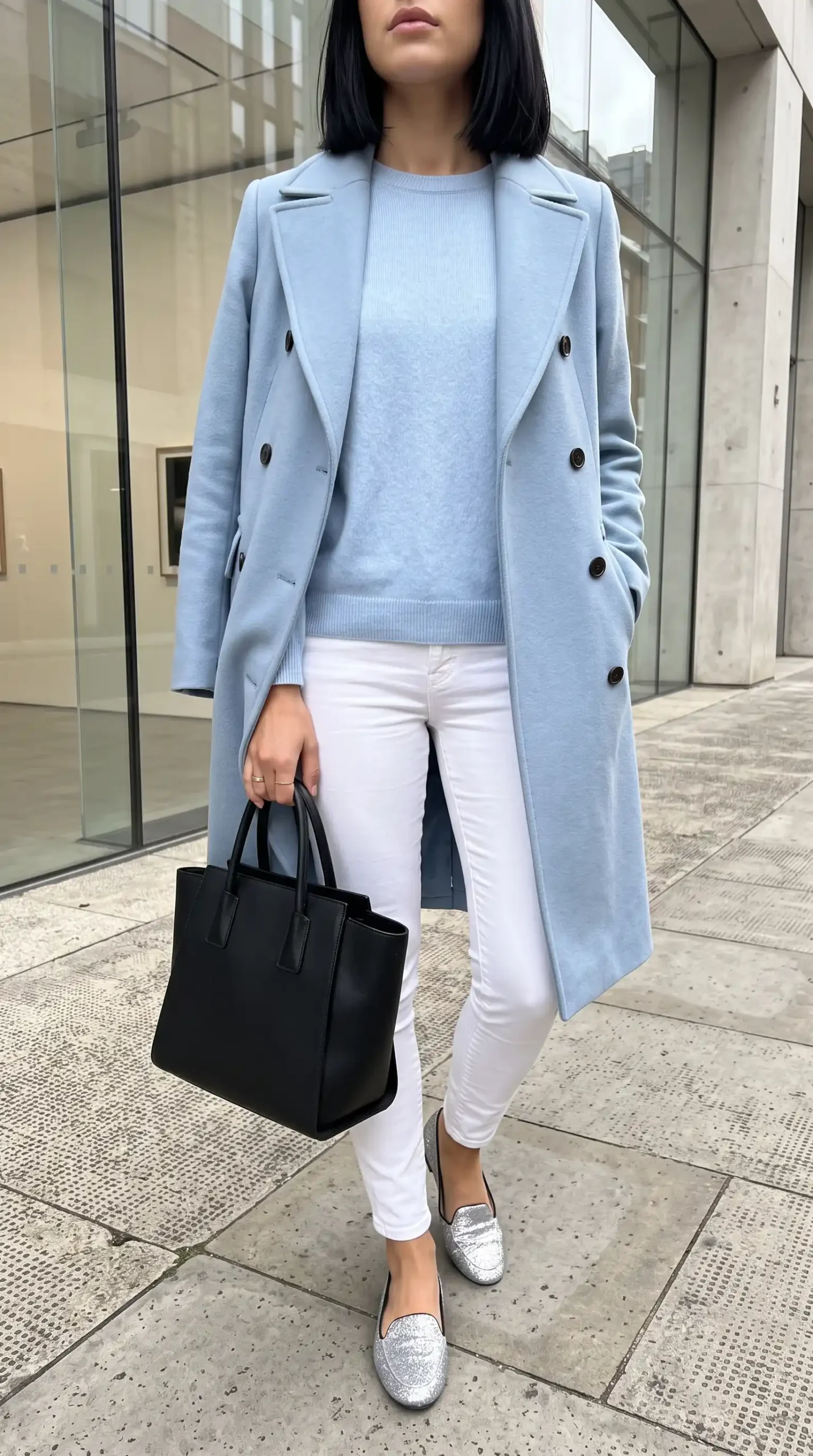 Woman wearing baby blue double breasted wool coat with matching knit sweater white skinny jeans and silver glitter loafers on city street