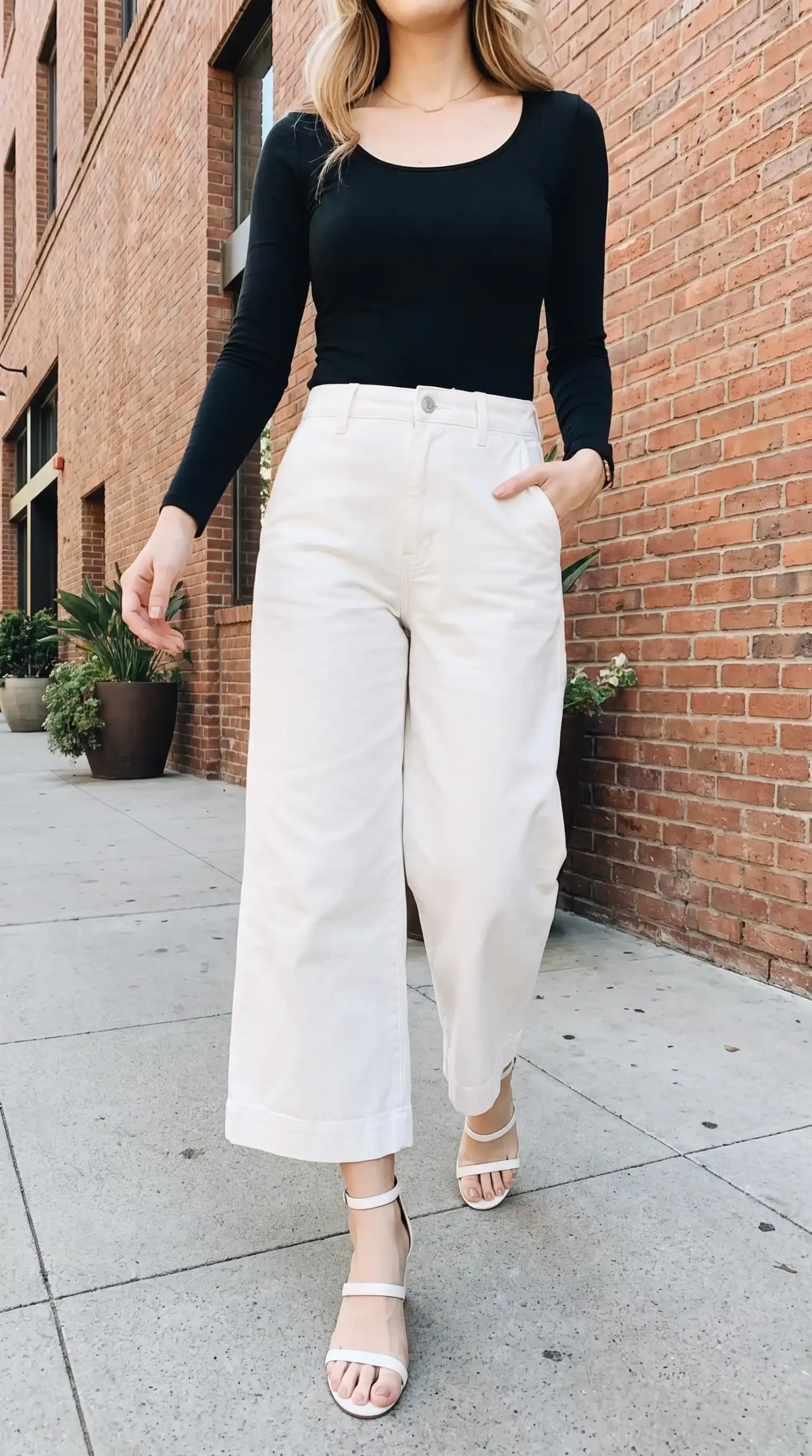 Woman wearing black long sleeve scoop neck bodysuit with cream wide leg cuffed trousers and white strappy heeled sandals on city sidewalk