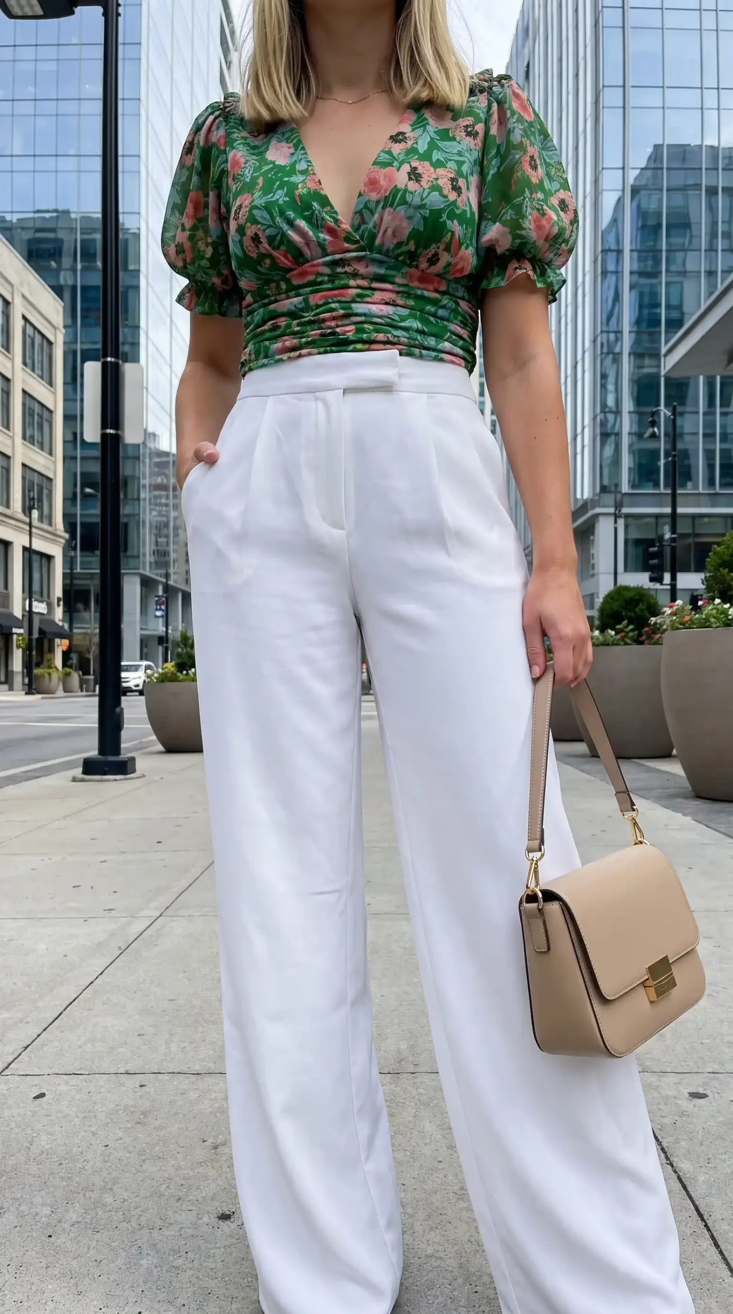 Woman wearing green floral ruched puff sleeve crop top with white high waist wide leg trousers on city street