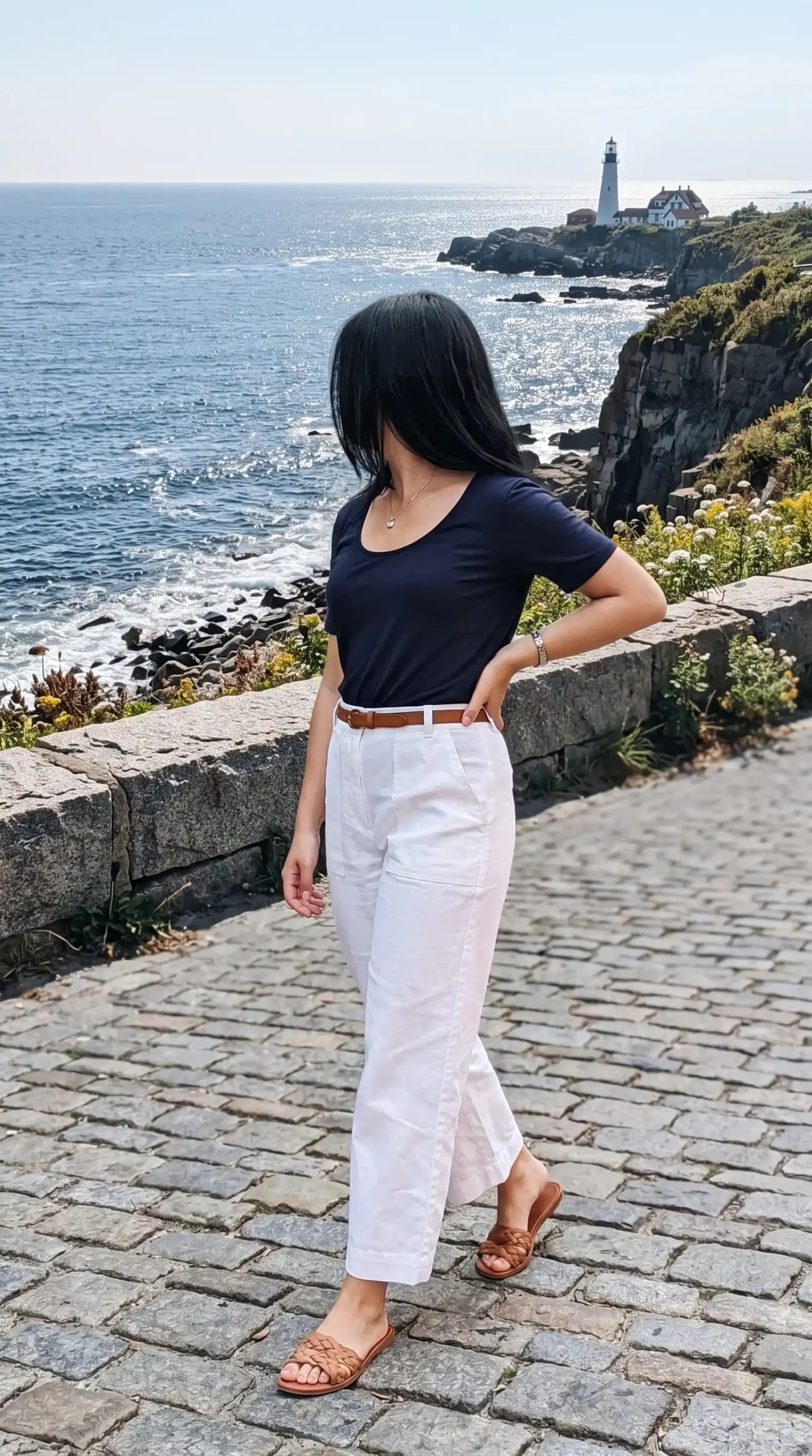 Woman wearing navy blue scoop neck t shirt with white wide leg linen trousers and tan braided slide sandals by the ocean