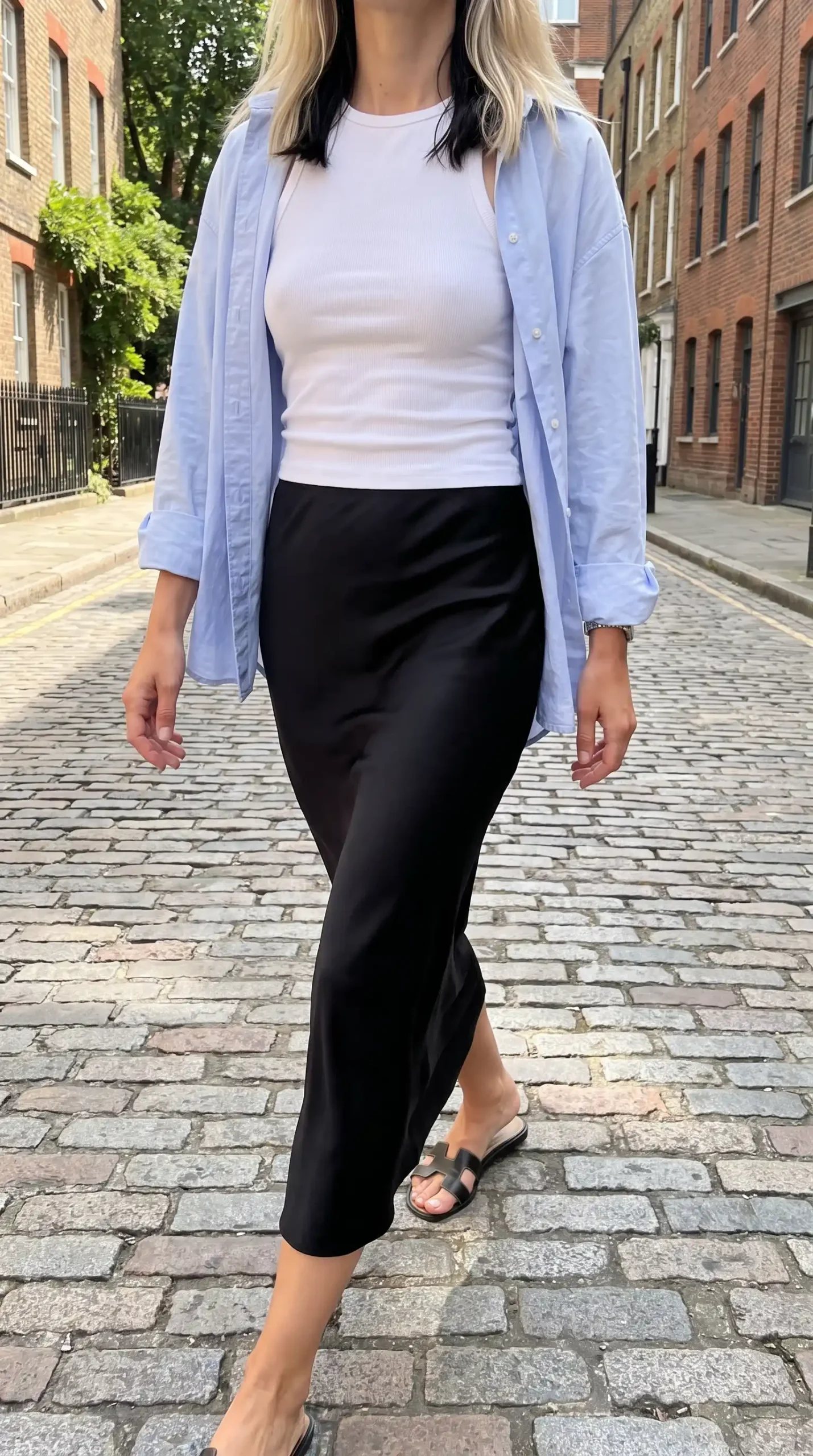 Woman wearing periwinkle blue oversized oxford shirt with white ribbed tank top and black satin midi slip skirt on cobblestone street