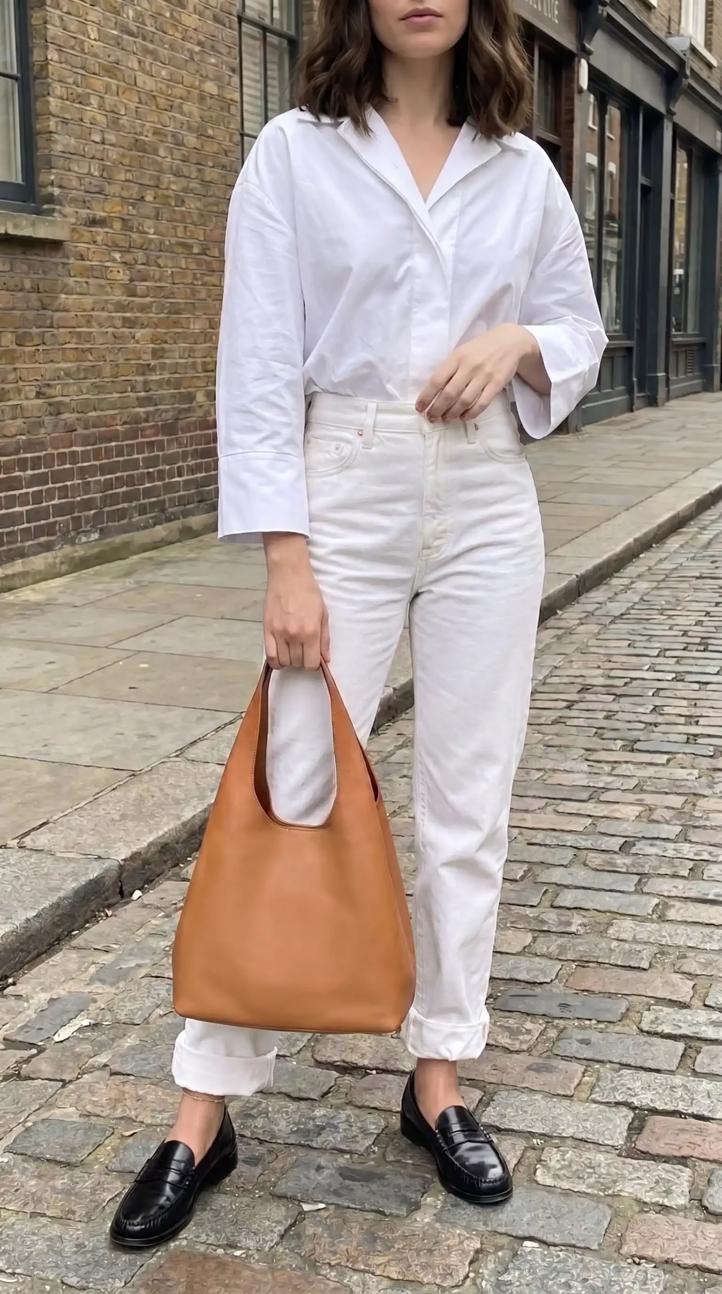 Woman wearing white oversized button down shirt with white straight leg jeans black loafers and tan leather hobo bag on cobblestone street