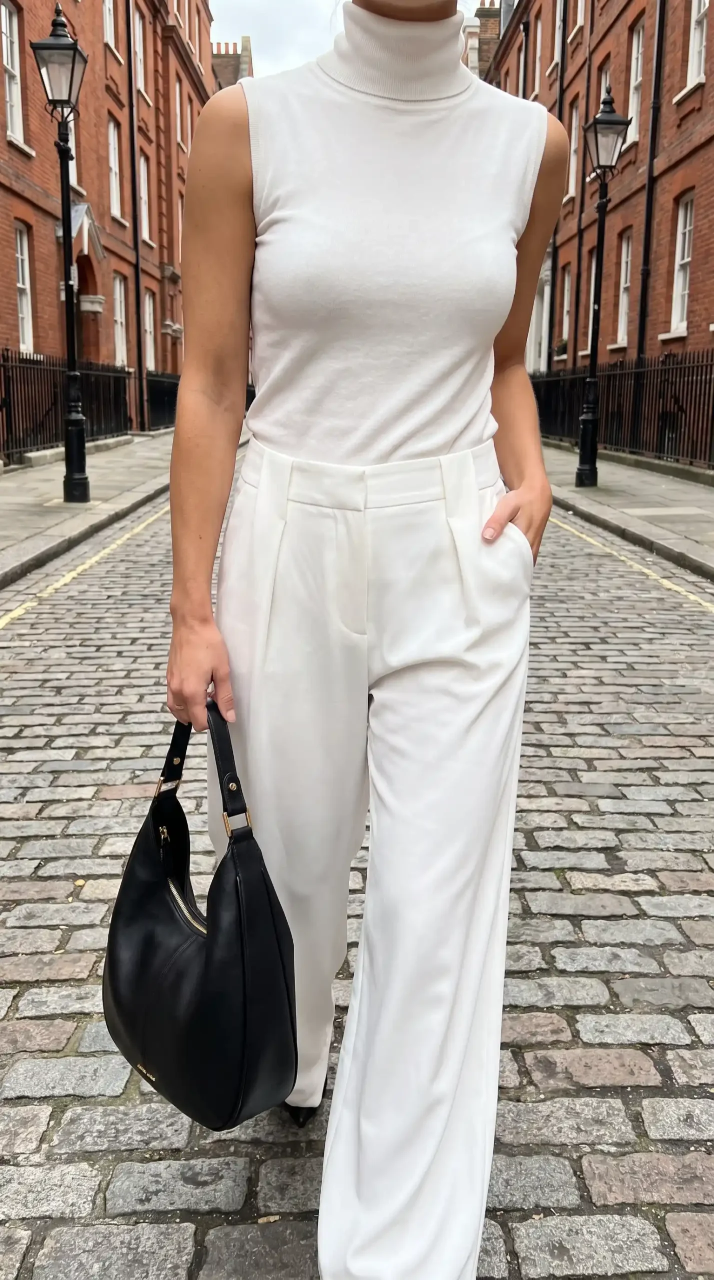 Woman wearing white sleeveless turtleneck top with white wide leg pleated trousers and black pointed toe heels on cobblestone street
