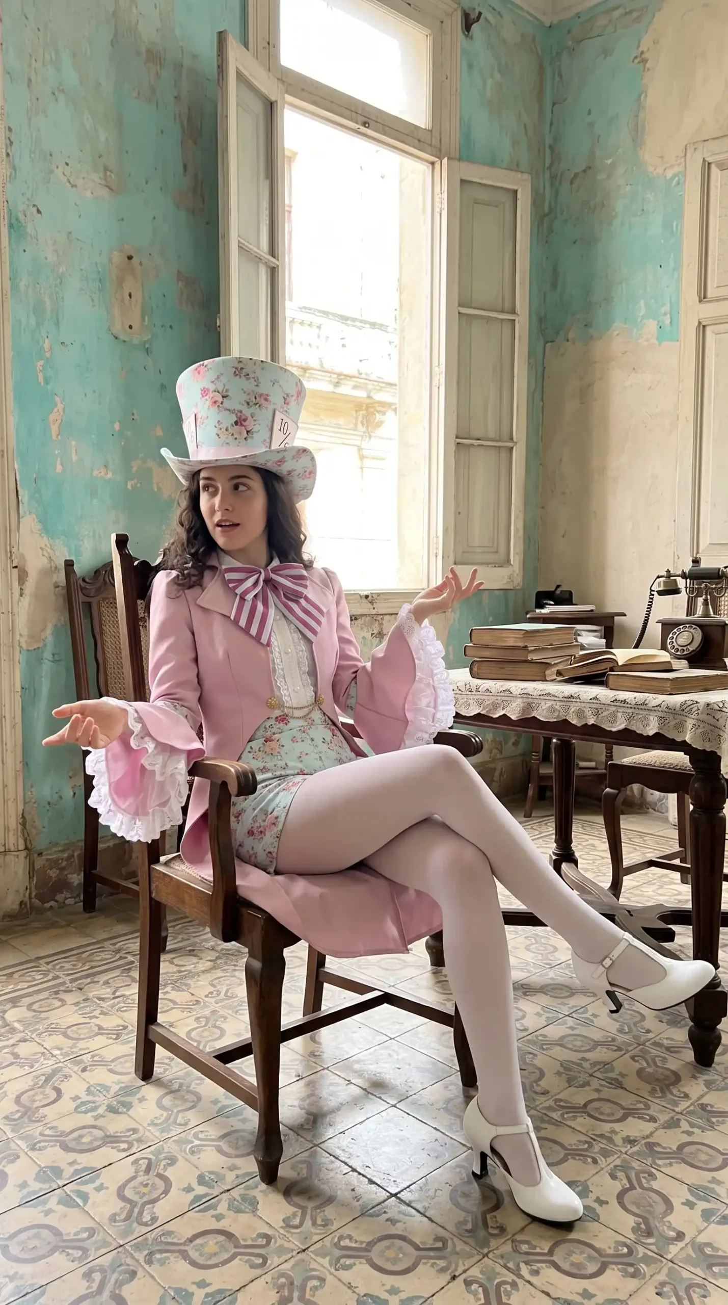 Woman dressed as the Mad Hatter from Alice in Wonderland in pink blazer