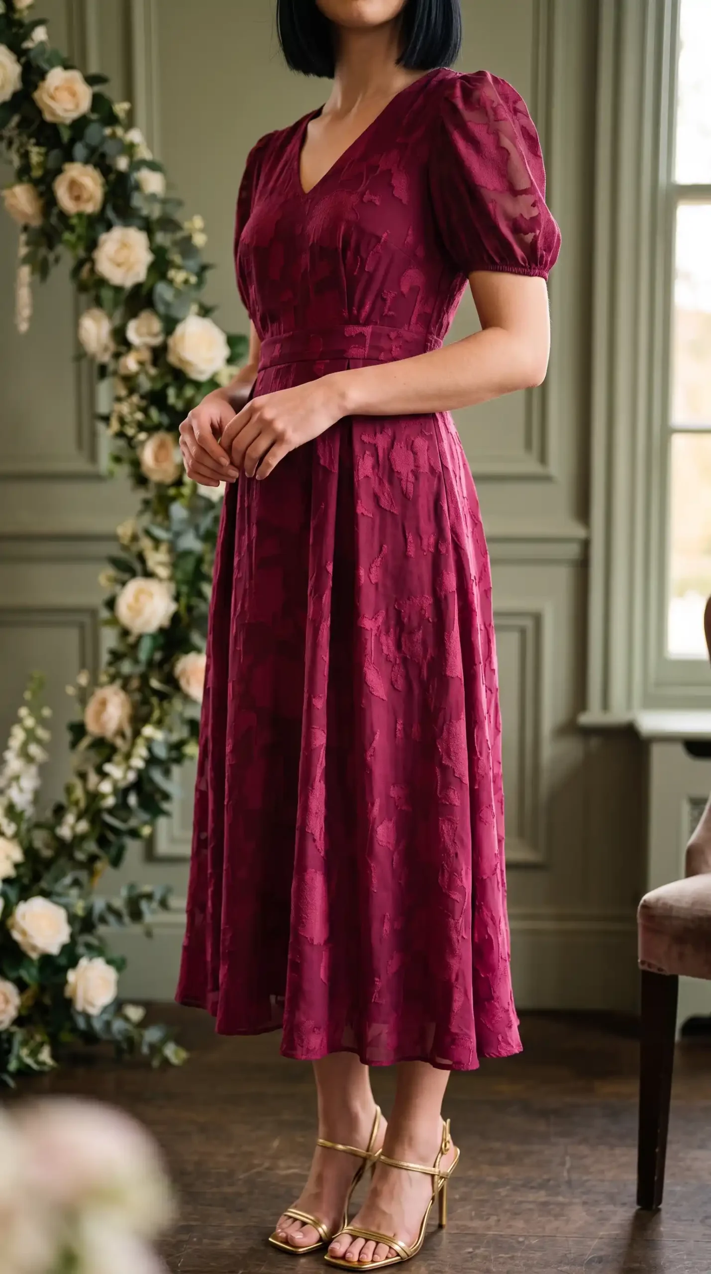Woman wearing magenta burgundy jacquard floral textured V-neck puff sleeve A-line midi dress