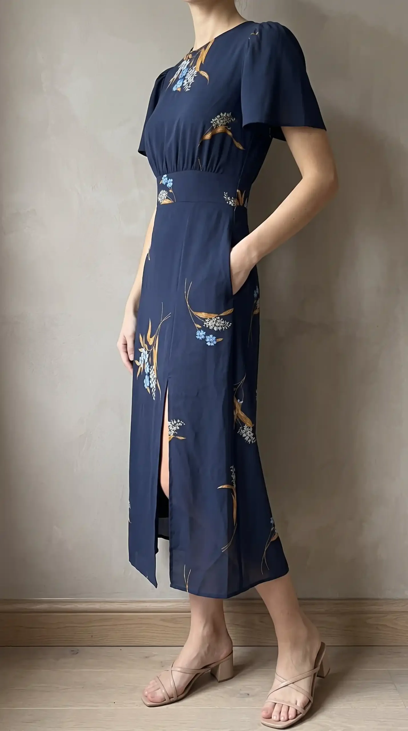 Woman wearing navy blue swallow floral print round neck flutter sleeve midi dress