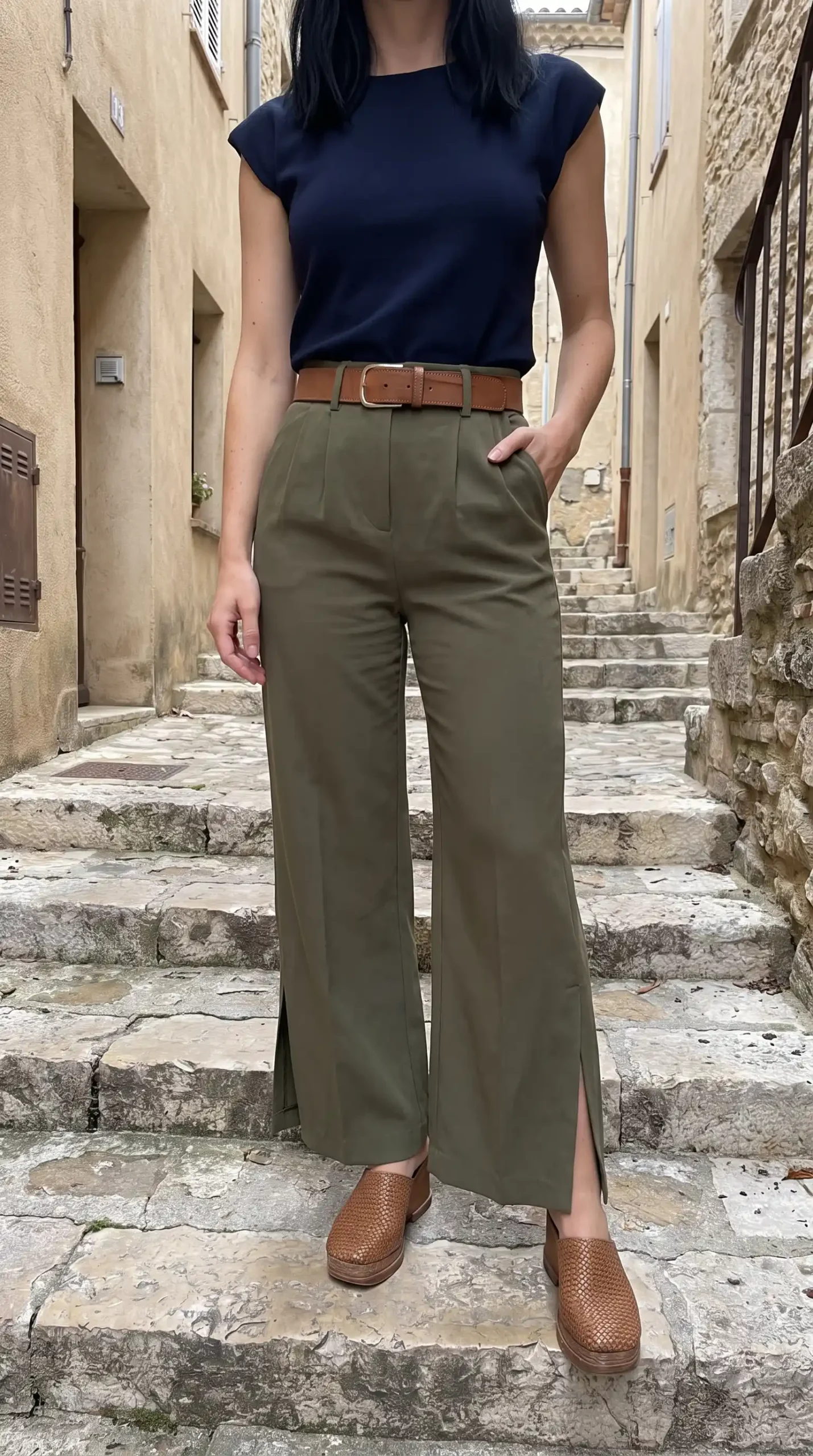 Woman wearing navy cap sleeve tee with olive wide leg trousers and brown belt on French cobblestone street