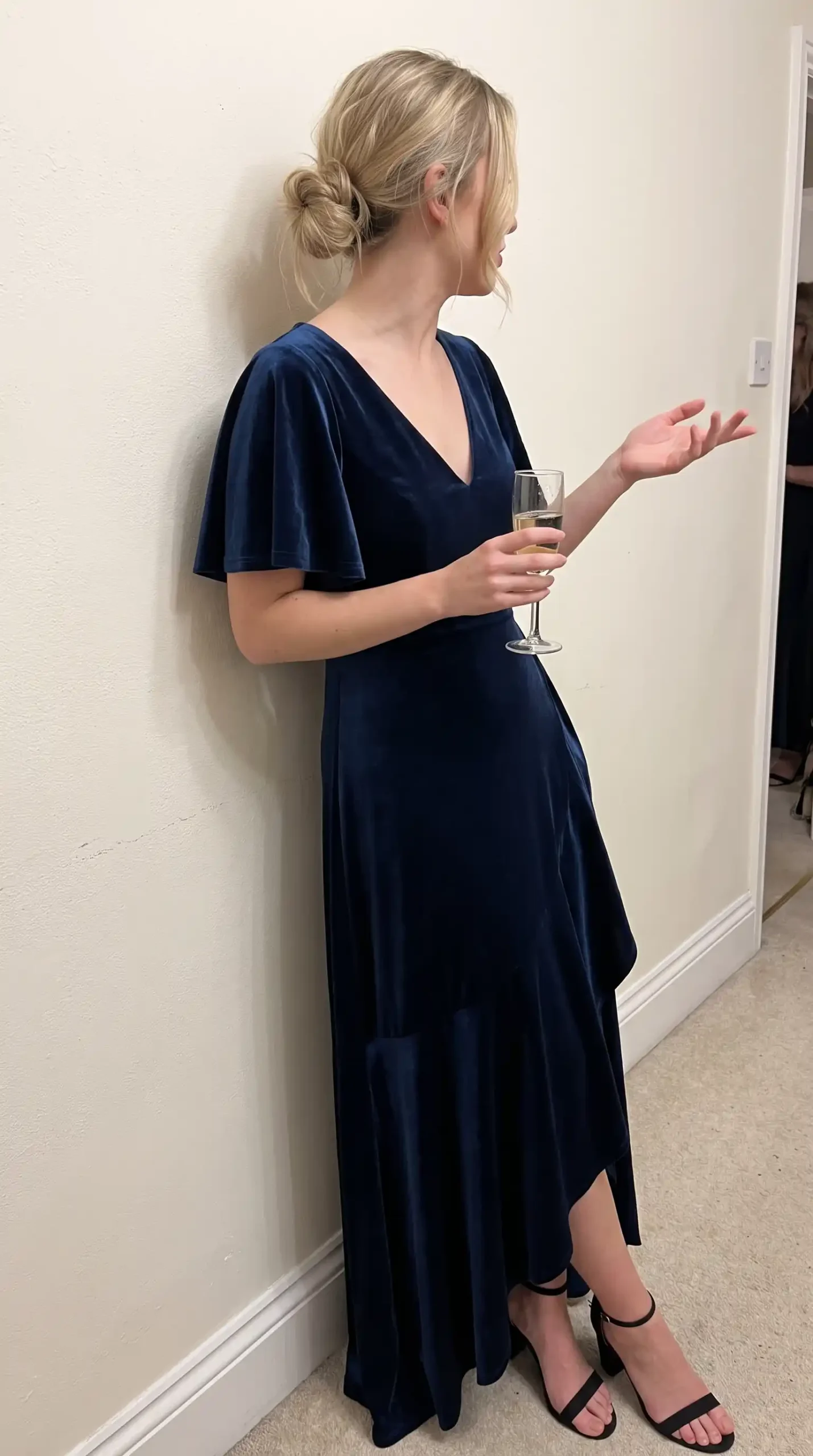 Navy velvet flutter sleeve v neck high low midi dress fall wedding