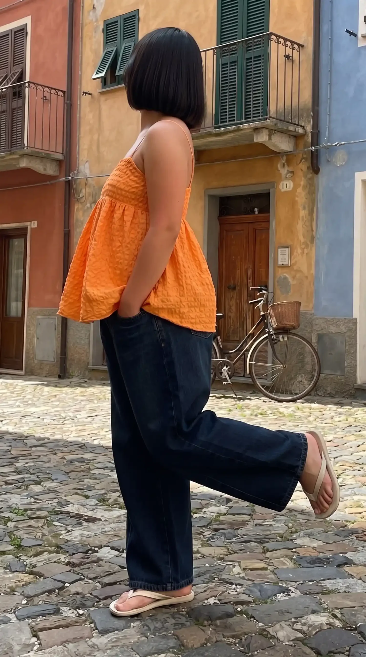 Woman wearing orange smock top and dark wide leg jeans on Italian cobblestone street