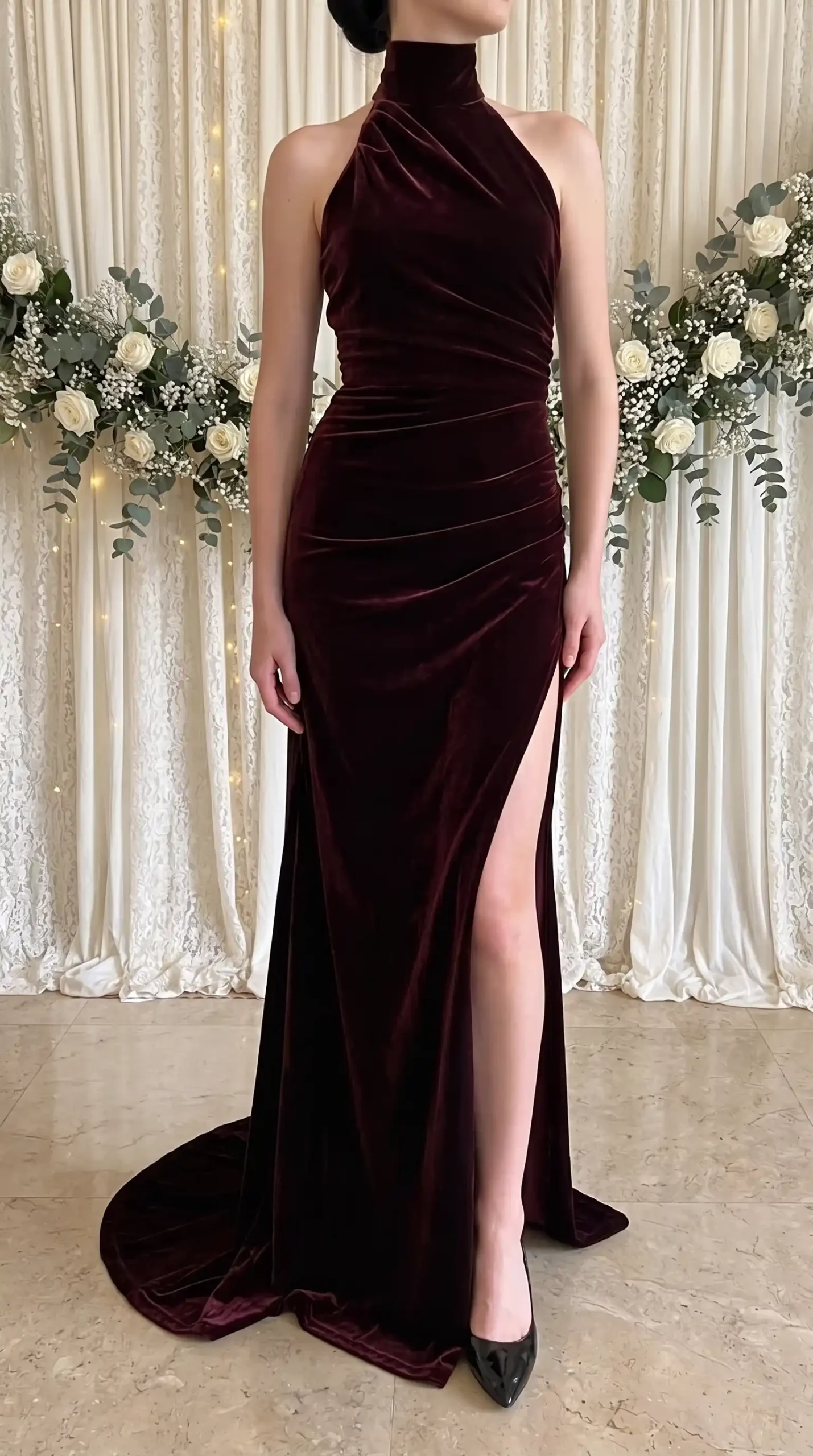 Deep plum oxblood velvet halter mock neck ruched maxi gown with train and front slit fall wedding