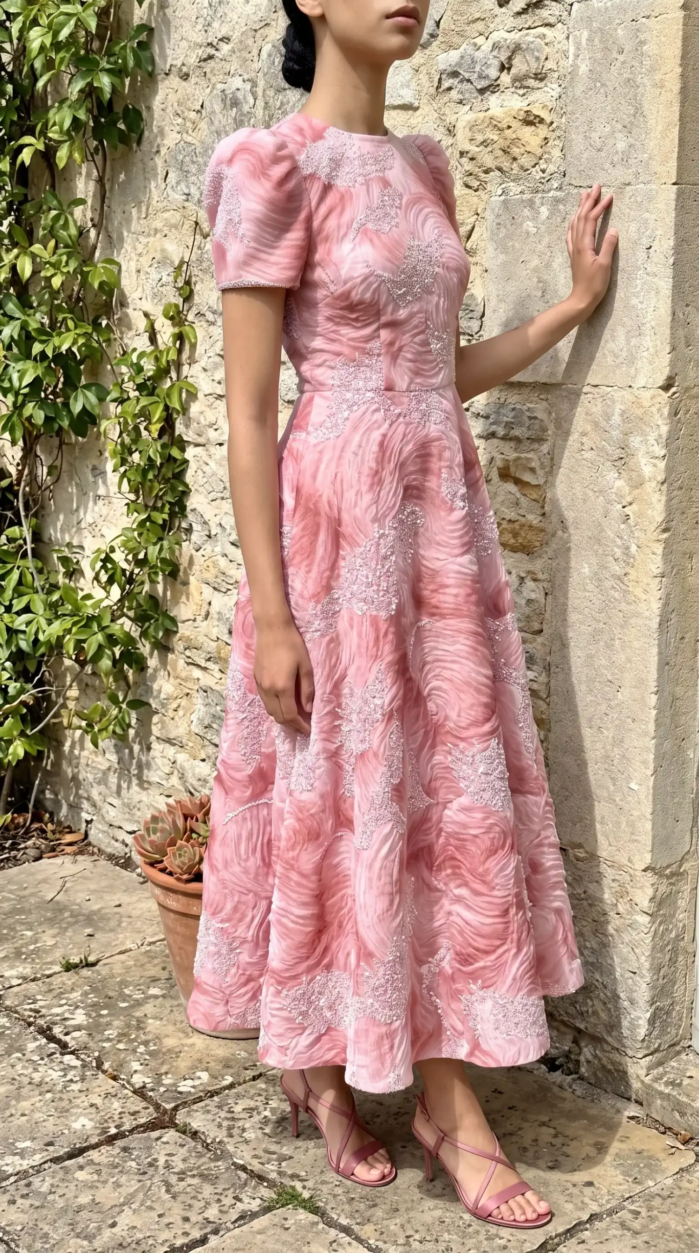 Woman wearing blush pink beaded swirl jacquard puff sleeve A-line midi dress