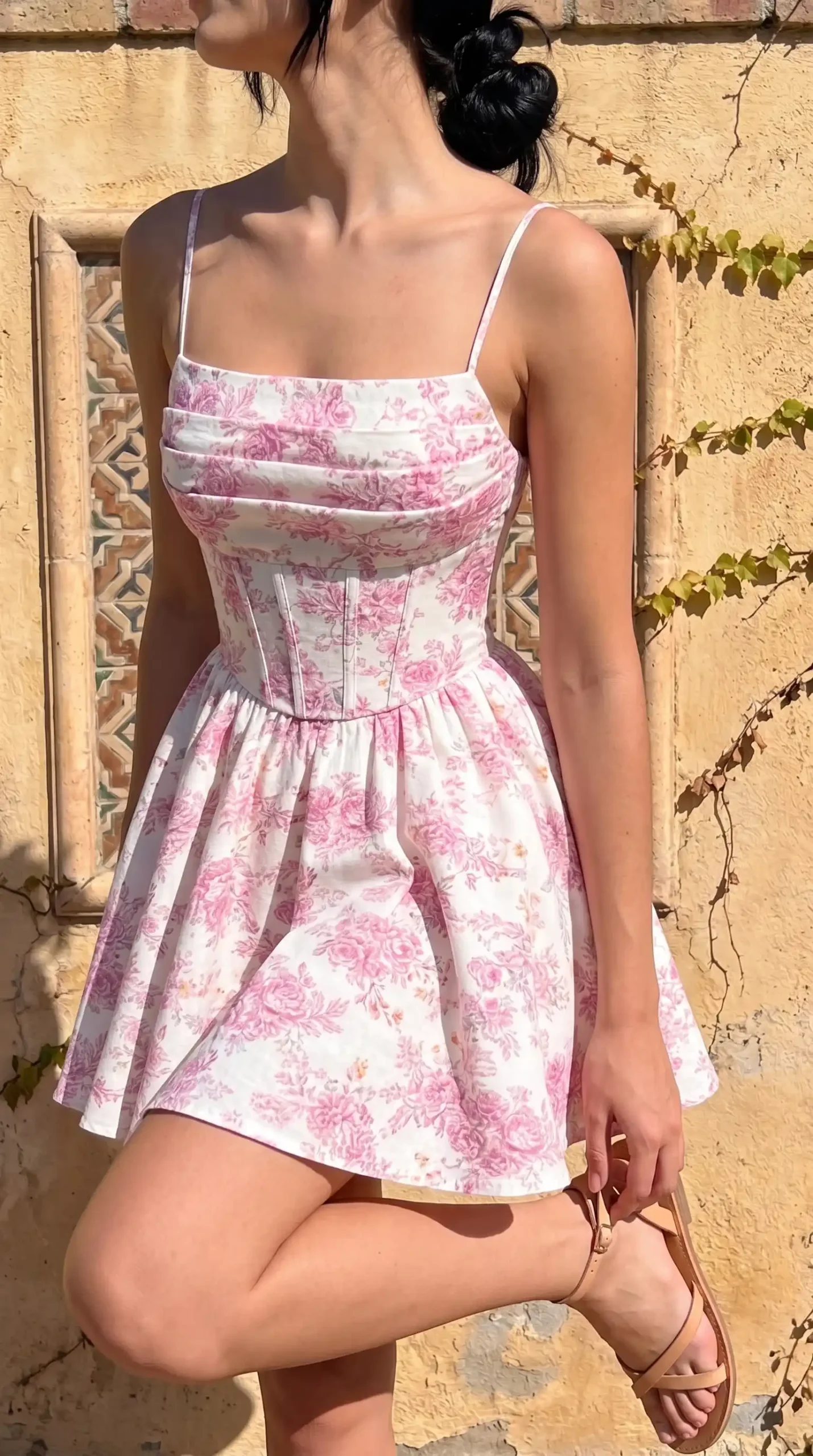 Pink floral rose print corset mini dress outdoors summer